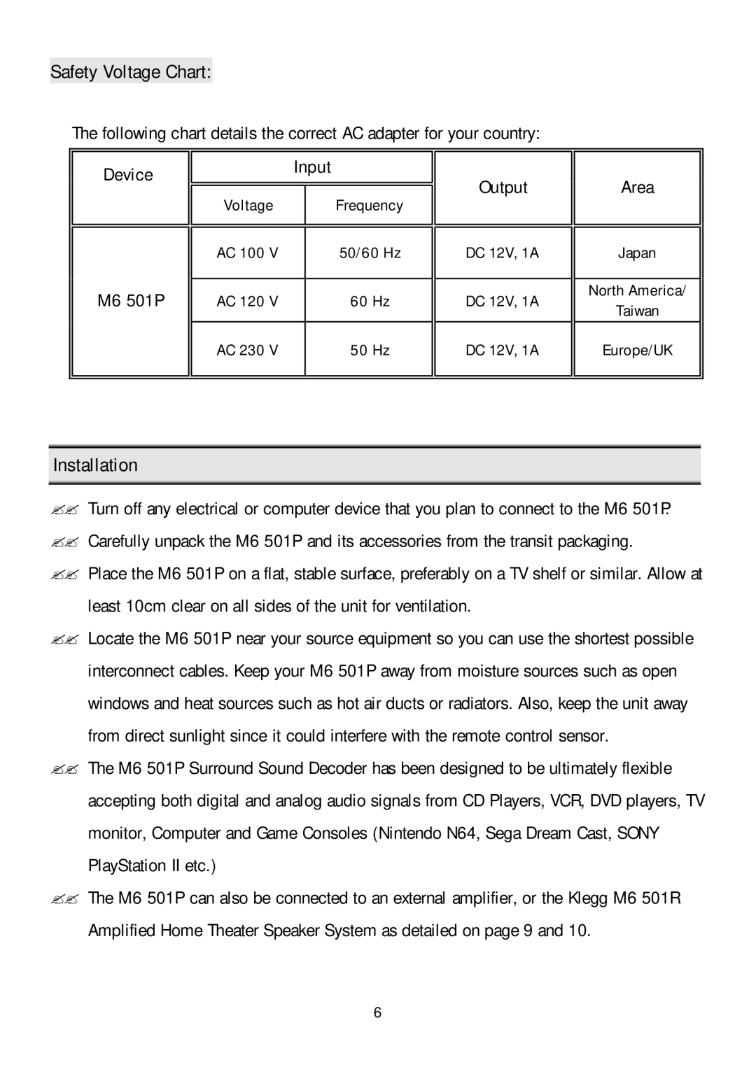 Klegg electronic M6 501P manual Safety Voltage Chart, Installation, Device Input Output Area 