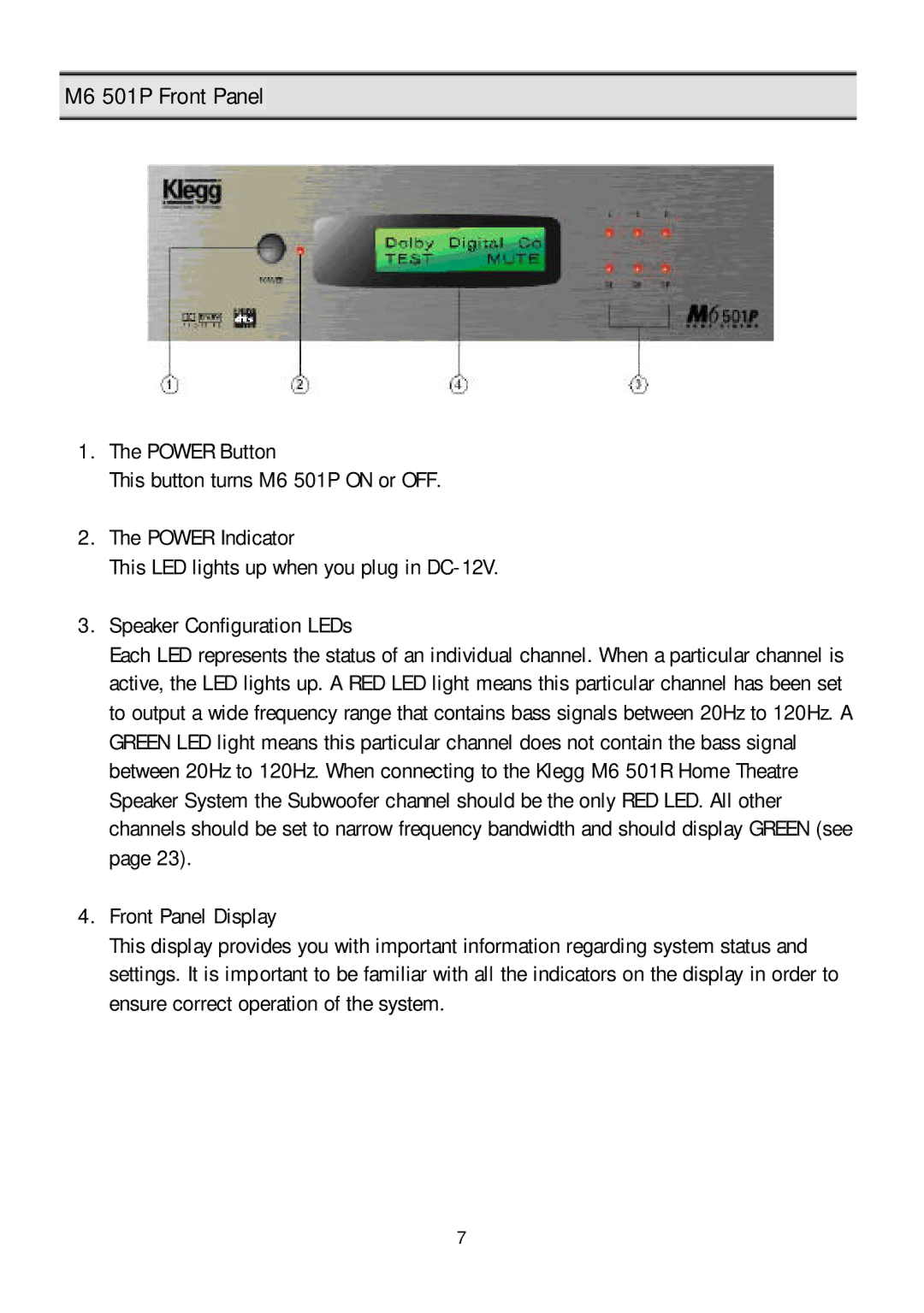 Klegg electronic manual M6 501P Front Panel, Front Panel Display 