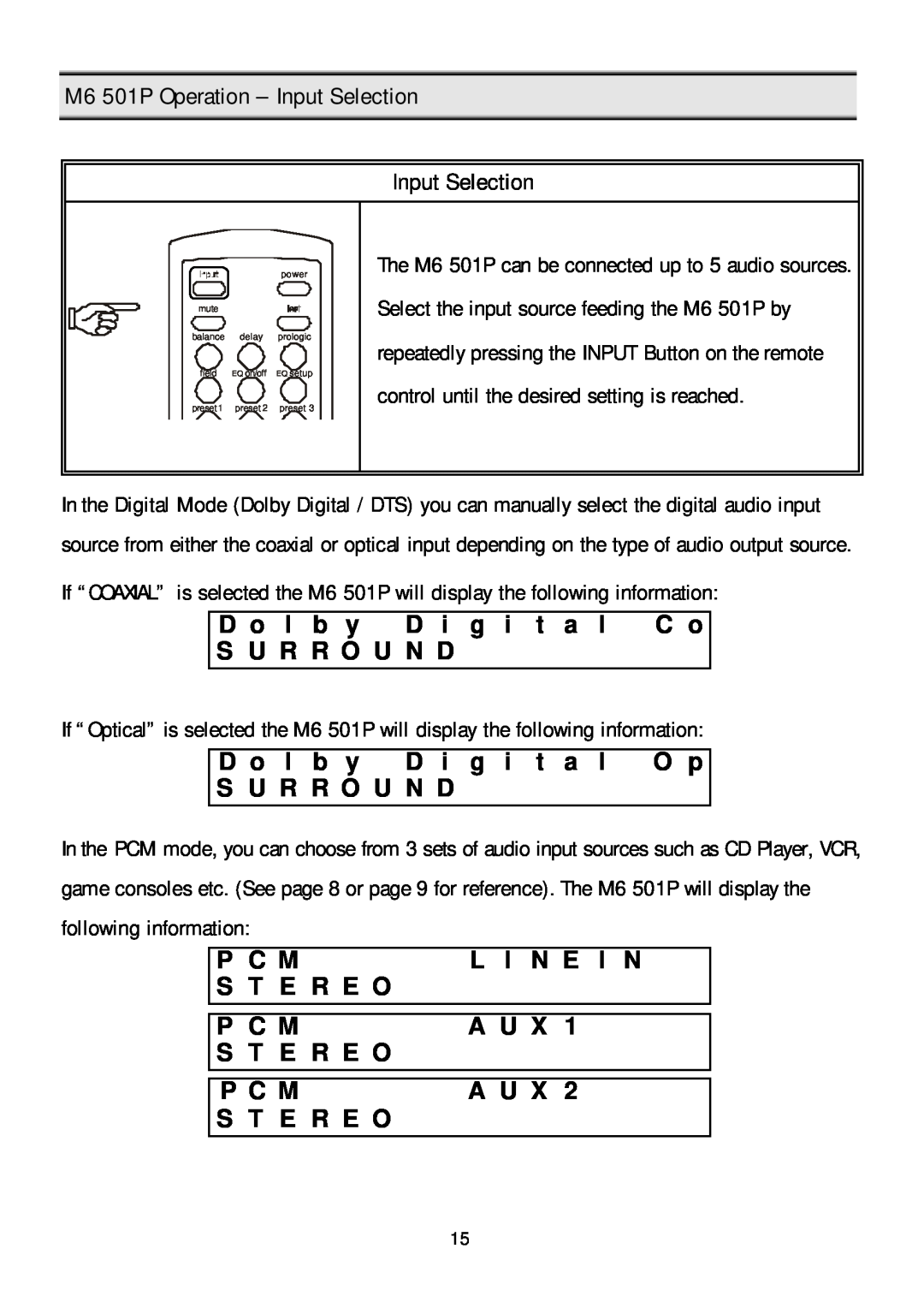 Klegg electronic manual M6 501P Operation - Input Selection 