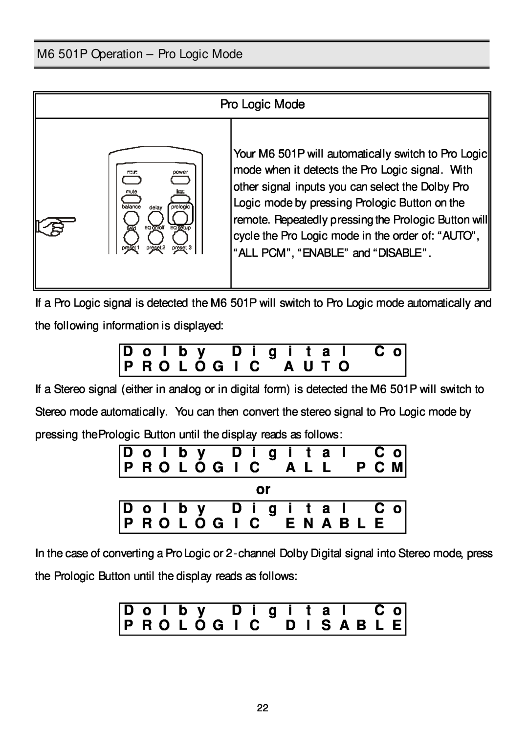 Klegg electronic manual M6 501P Operation - Pro Logic Mode 