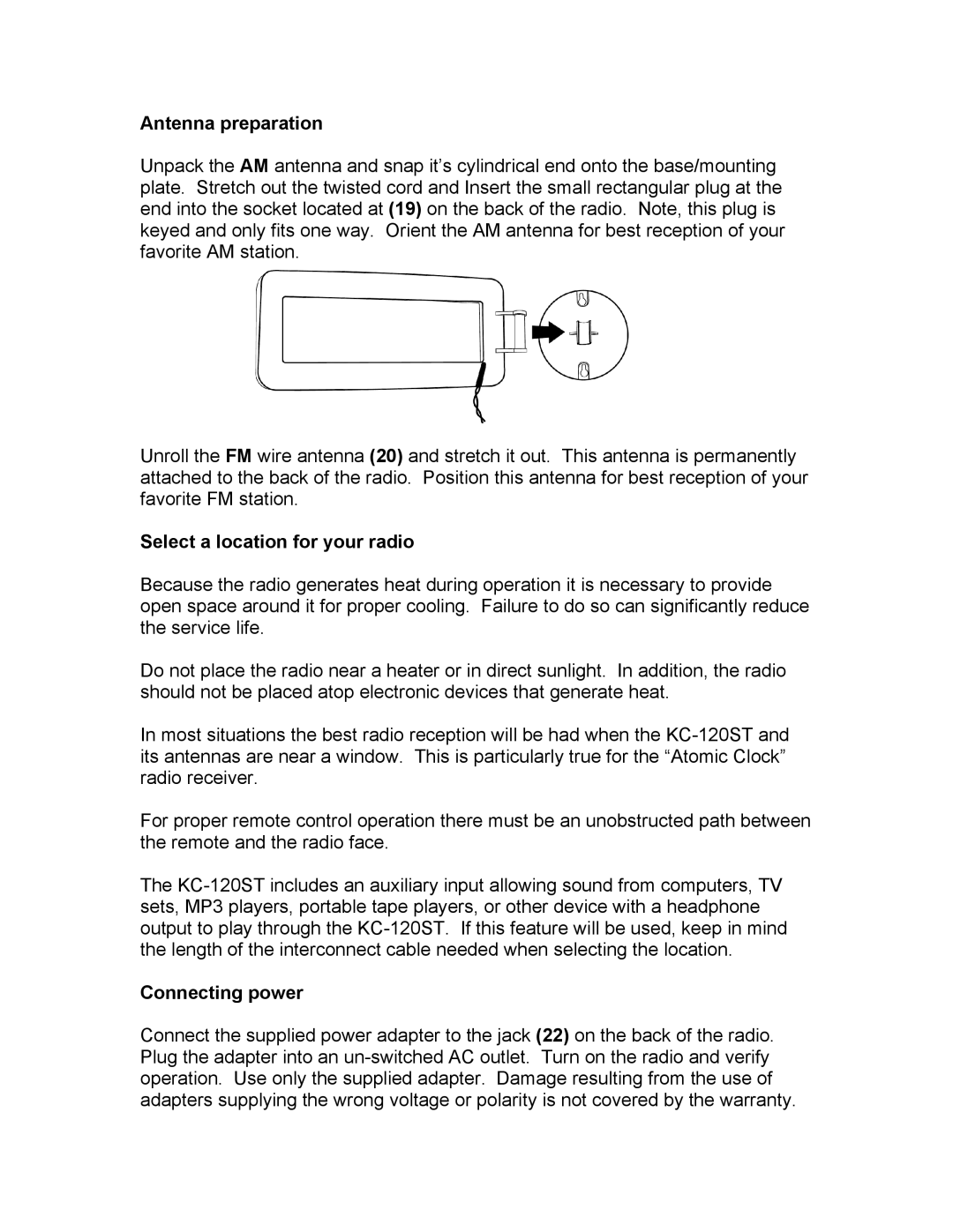 KLH KC-120ST owner manual Antenna preparation, Select a location for your radio, Connecting power 