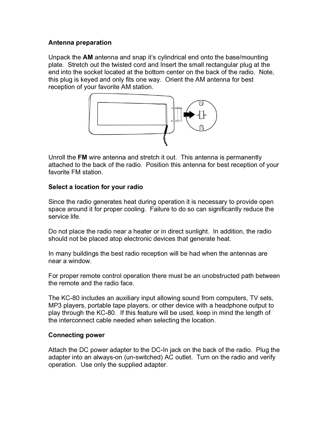 KLH KC-80 owner manual Antenna preparation, Select a location for your radio, Connecting power 