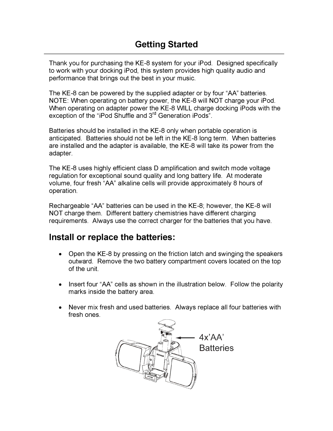 KLH KE-8 owner manual Getting Started, Install or replace the batteries 