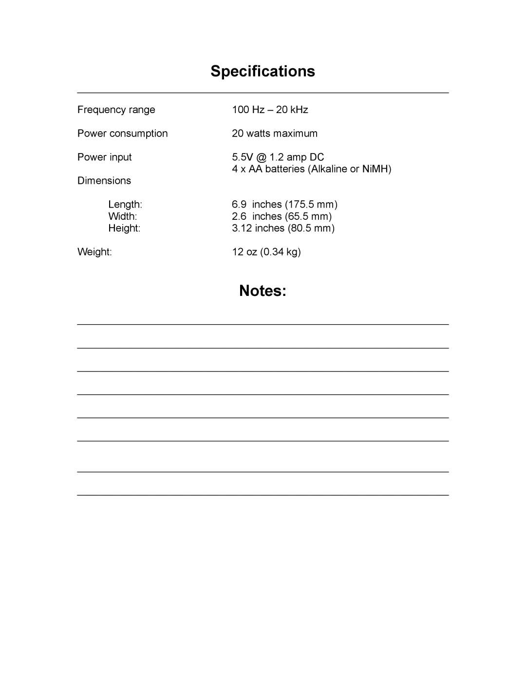 KLH KE-8 owner manual Specifications 