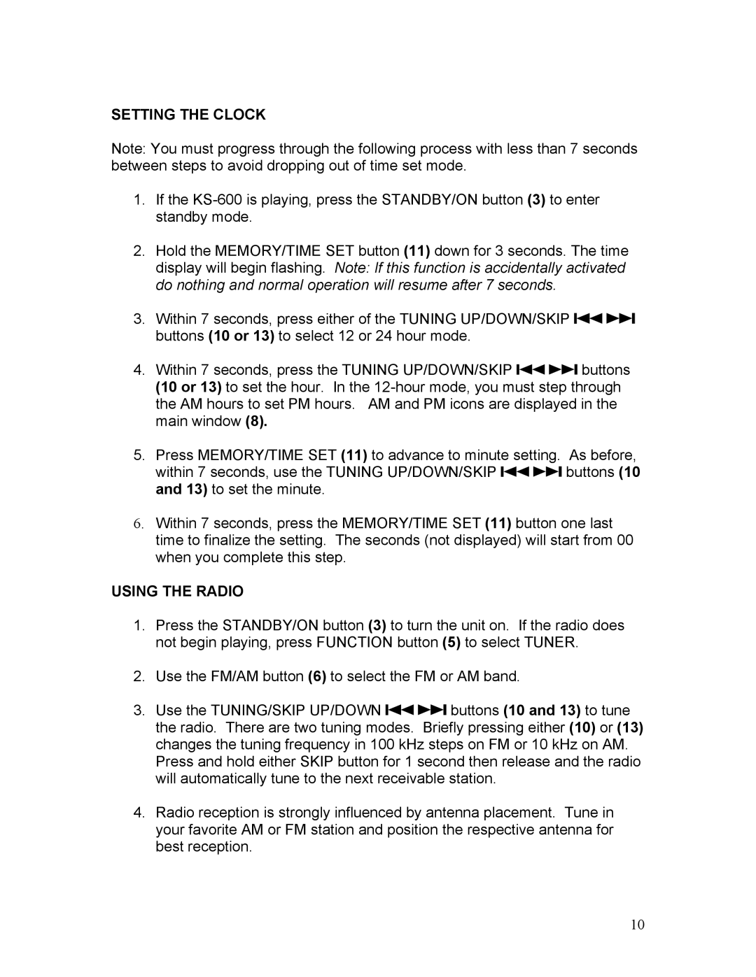 KLH KS-600 owner manual Setting the Clock, Using the Radio 