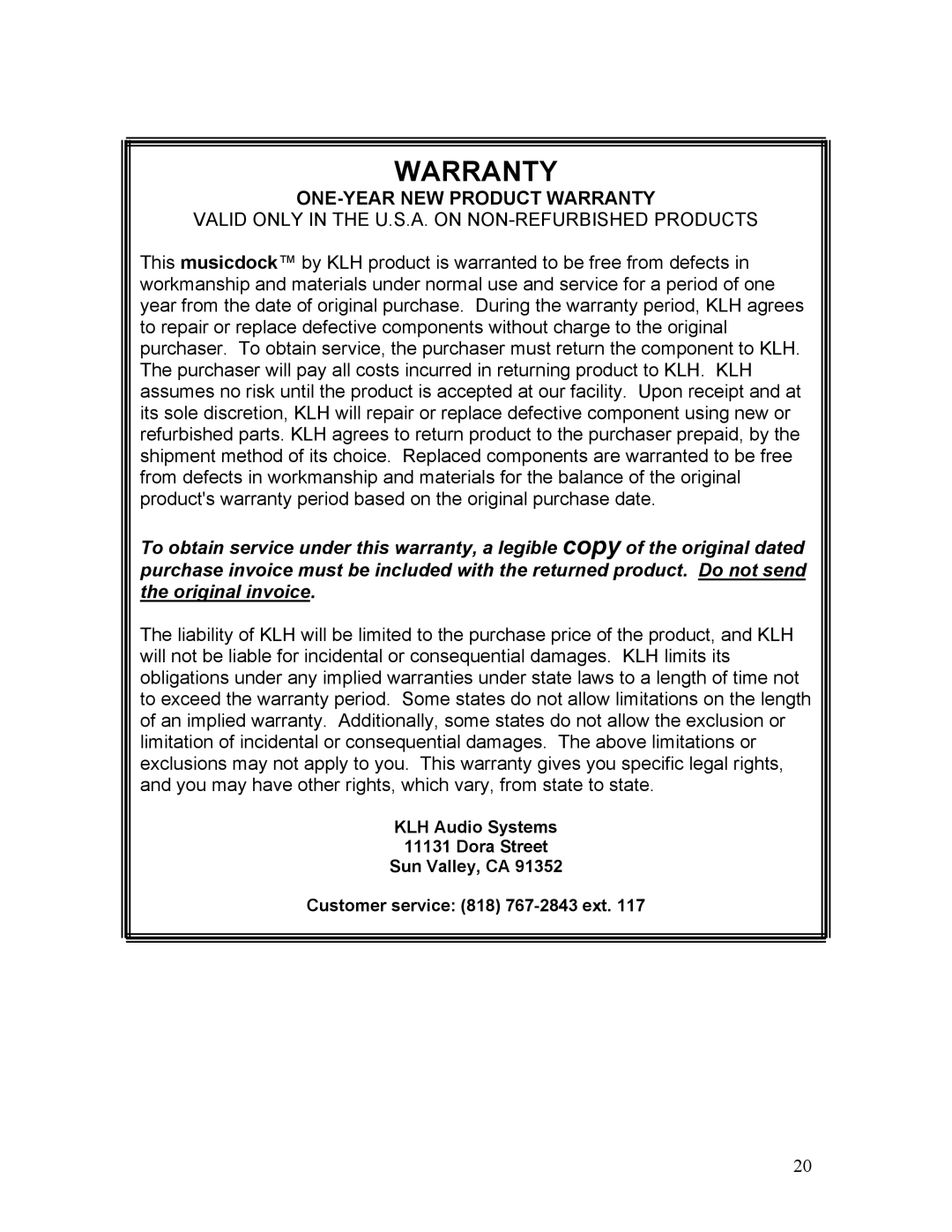 KLH KS-600 owner manual ONE-YEAR NEW Product Warranty 