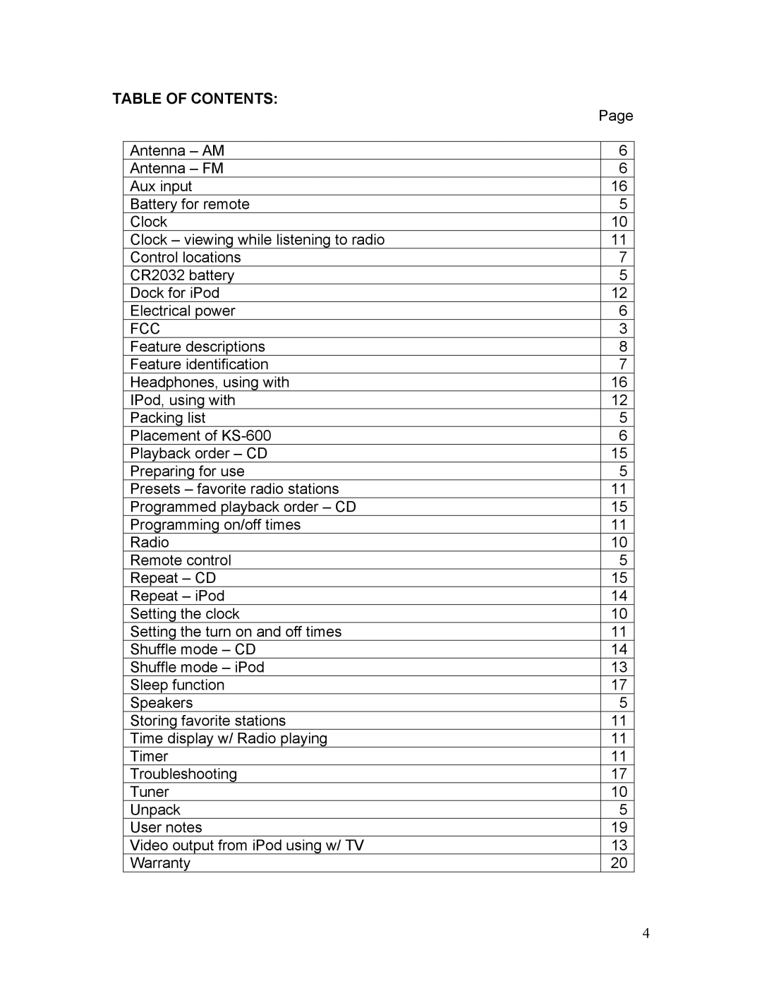 KLH KS-600 owner manual Table of Contents 