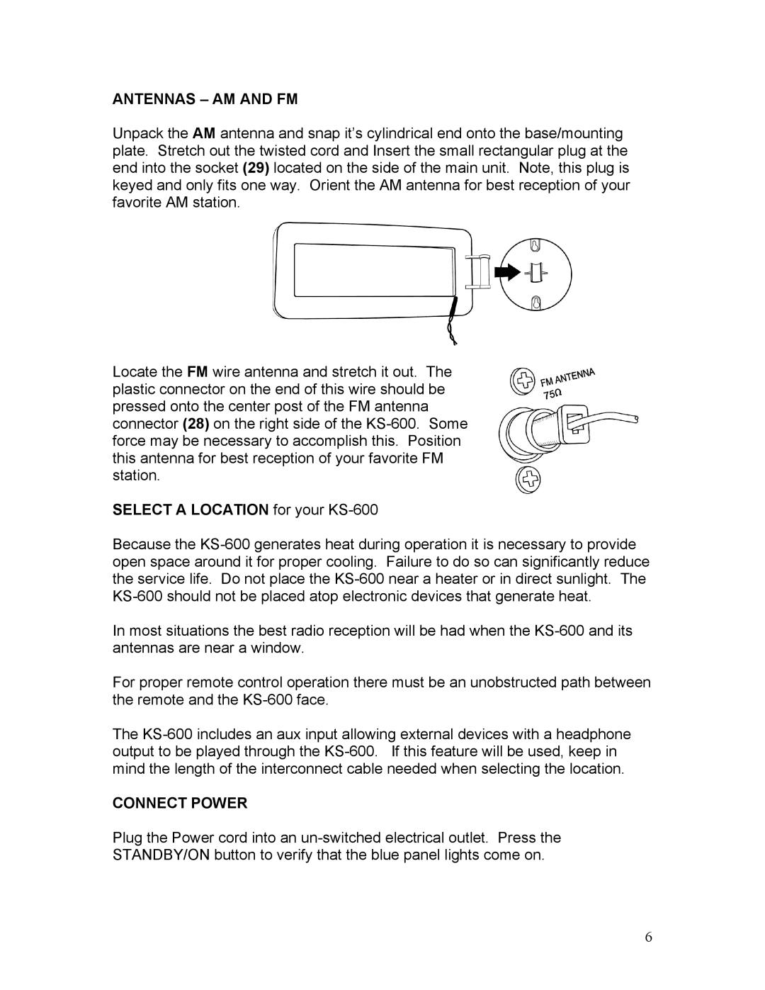 KLH owner manual Antennas AM and FM, Select a Location for your KS-600, Connect Power 