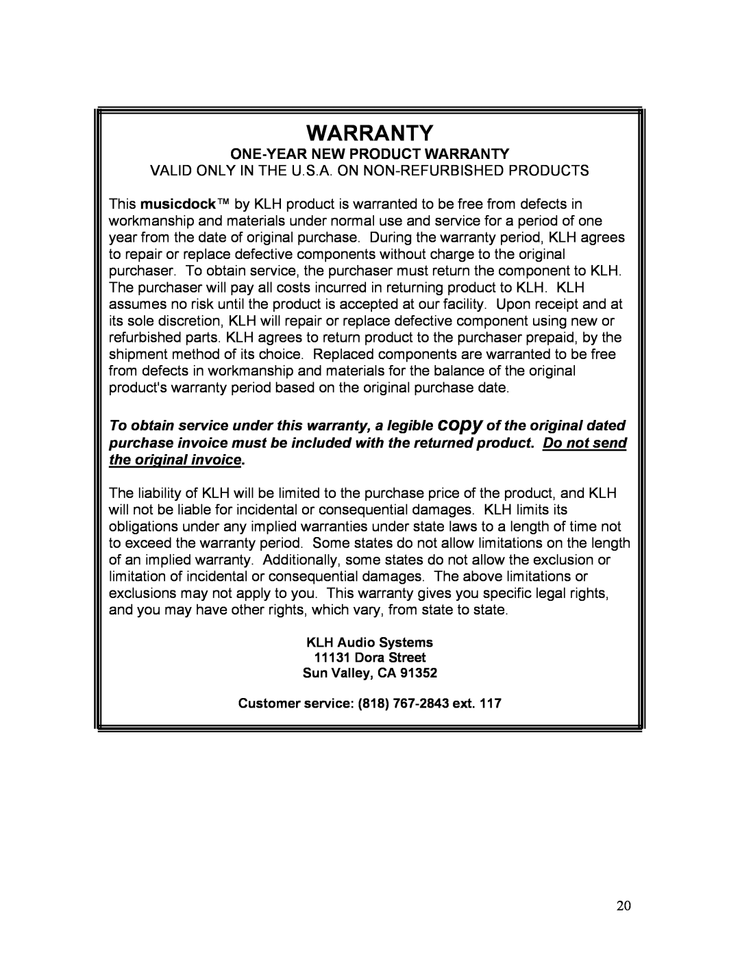 KLH KS-600 owner manual One-Yearnew Product Warranty 