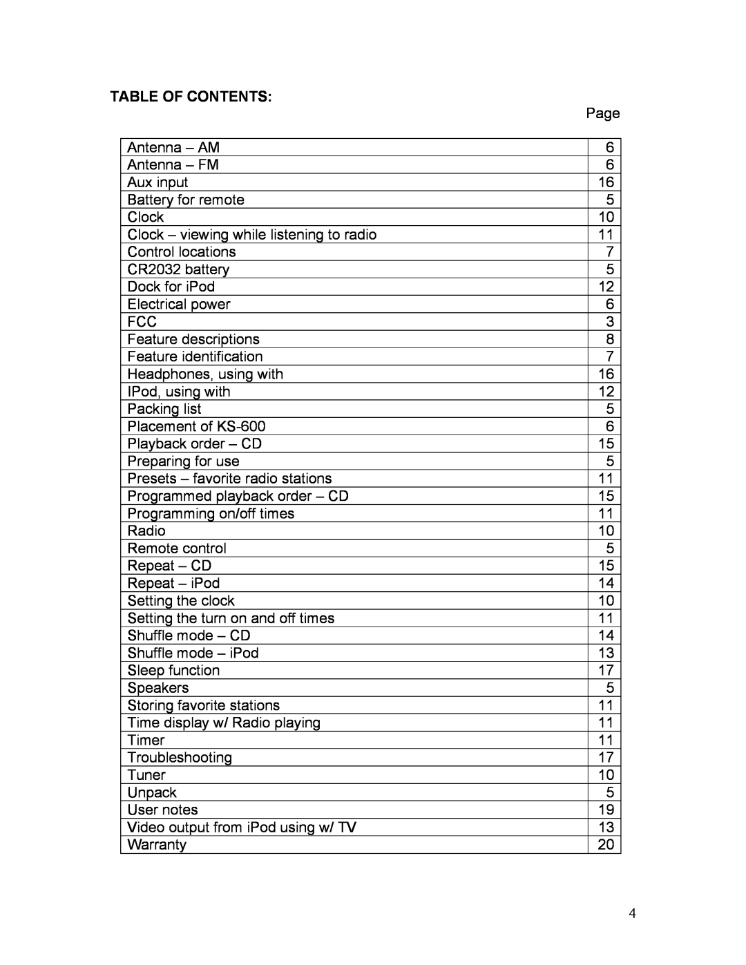 KLH KS-600 owner manual Table Of Contents 