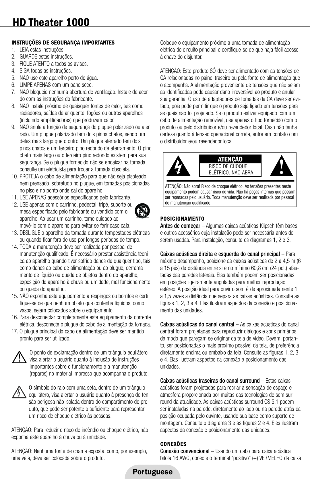 Klipsch 1000 Portuguese, Instruções De Segurança Importantes, LEIA estas instruções 2.GUARDE estas instruções, Conexões 
