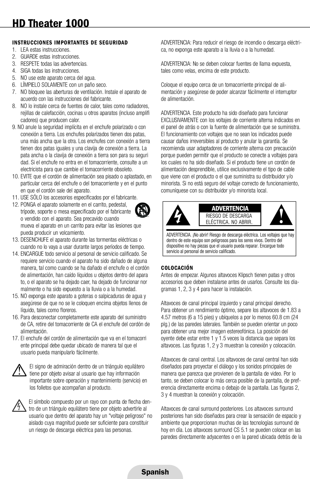 Klipsch 1000 manual Spanish, Instrucciones Importantes De Seguridad, LEA estas instrucciones, GUARDE estas instrucciones 