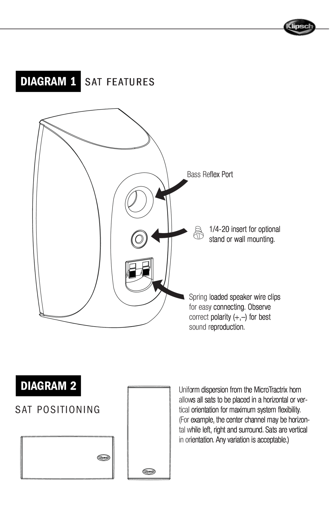 Klipsch 1000 Diagram, Sat Features, Sat Positioning, Bass Reflex Port, 1/4-20insert for optional stand or wall mounting 