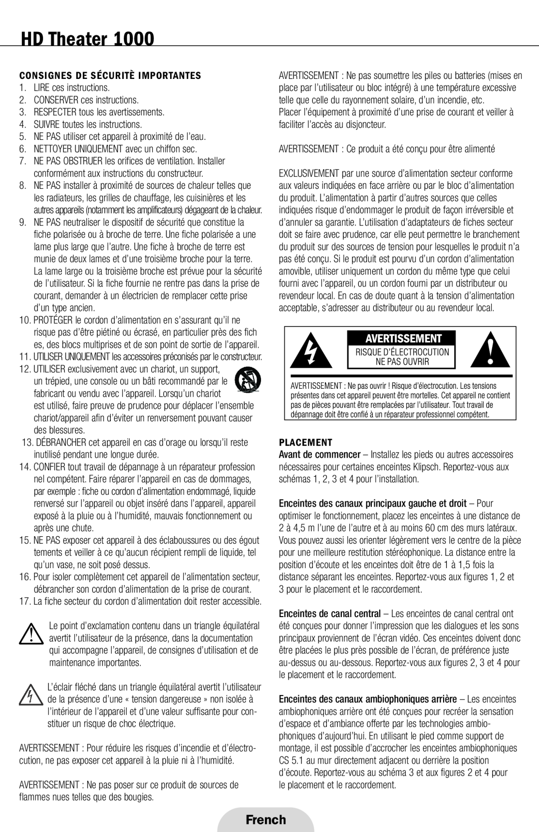 Klipsch 1000 French, Consignes De Sécuritè Importantes, LIRE ces instructions, CONSERVER ces instructions, HD Theater 
