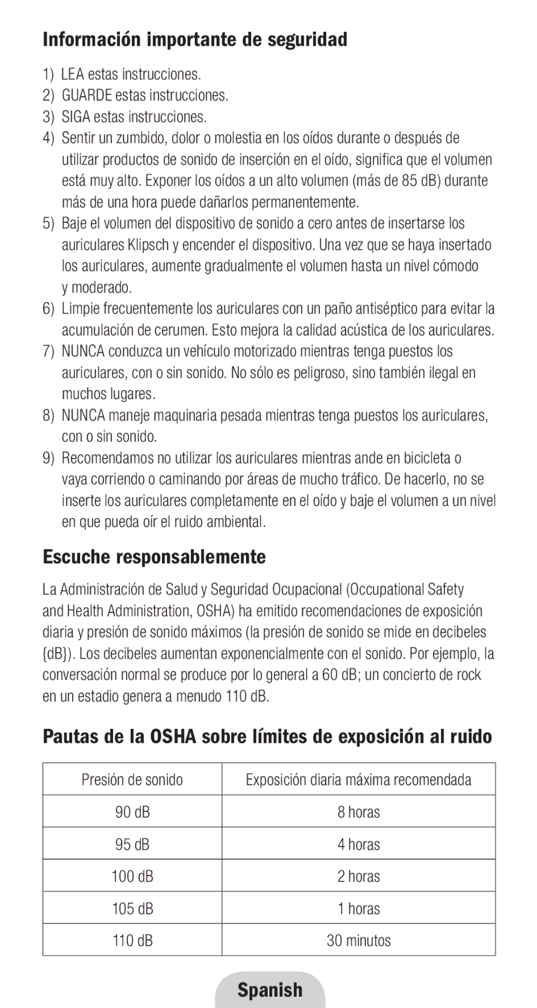 Klipsch 1010950 owner manual Información importante de seguridad, Escuche responsablemente, Spanish 