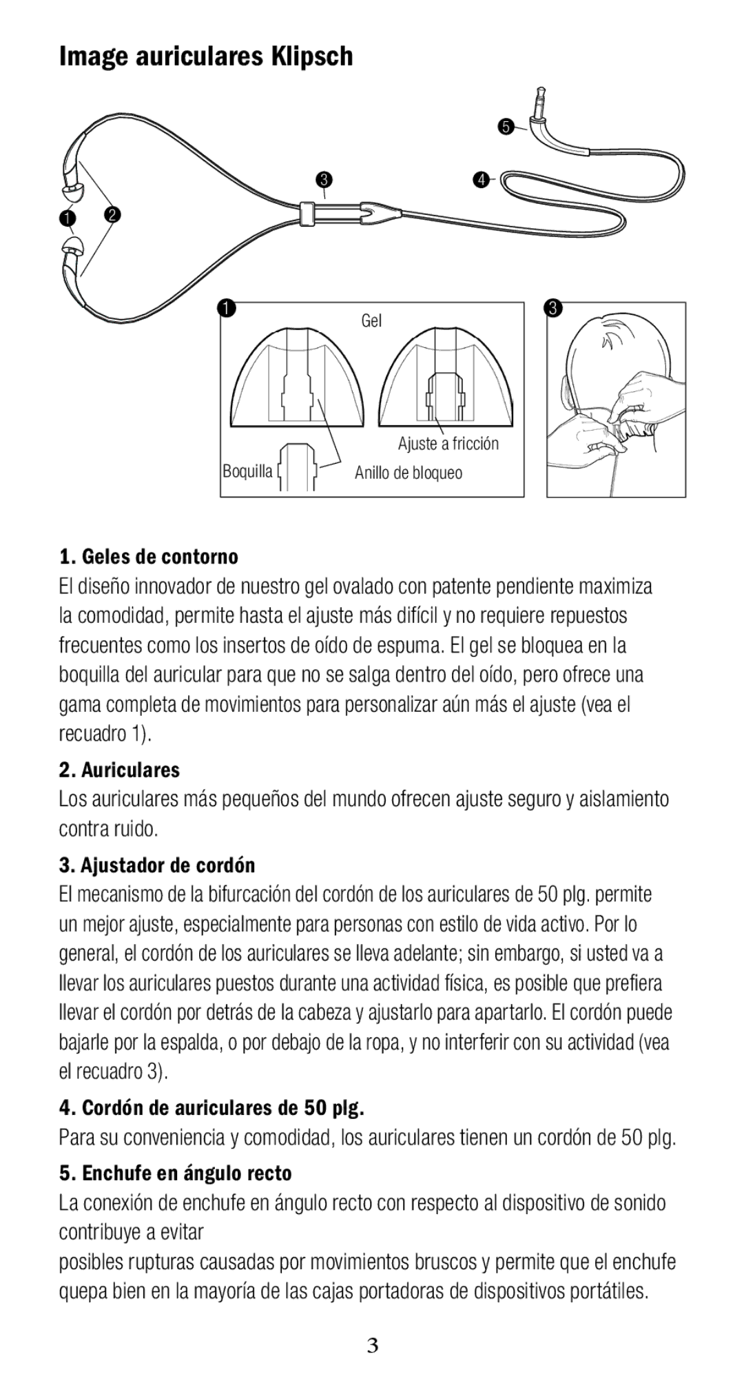 Klipsch 1010950 owner manual Image auriculares Klipsch, Geles de contorno, Cordón de auriculares de 50 plg 