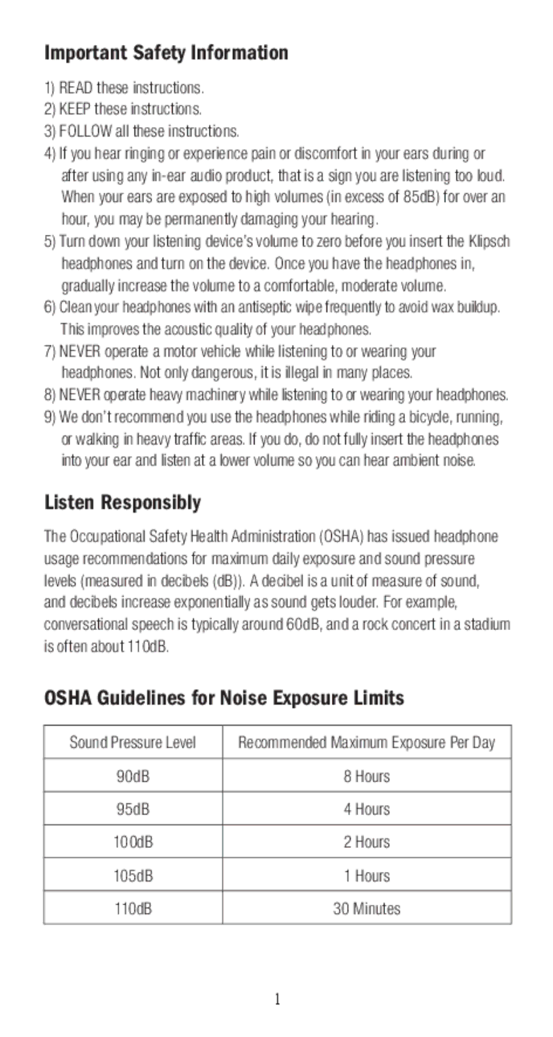 Klipsch 1010950 owner manual Important Safety Information, Listen Responsibly, Osha Guidelines for Noise Exposure Limits 