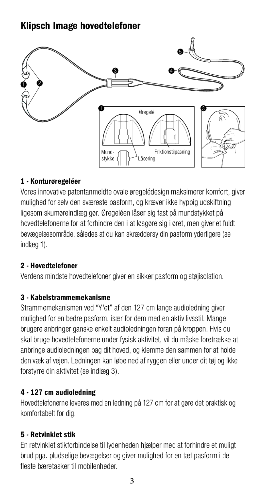 Klipsch 1010950 owner manual Klipsch Image hovedtelefoner, Konturøregeléer, Hovedtelefoner, Kabelstrammemekanisme 