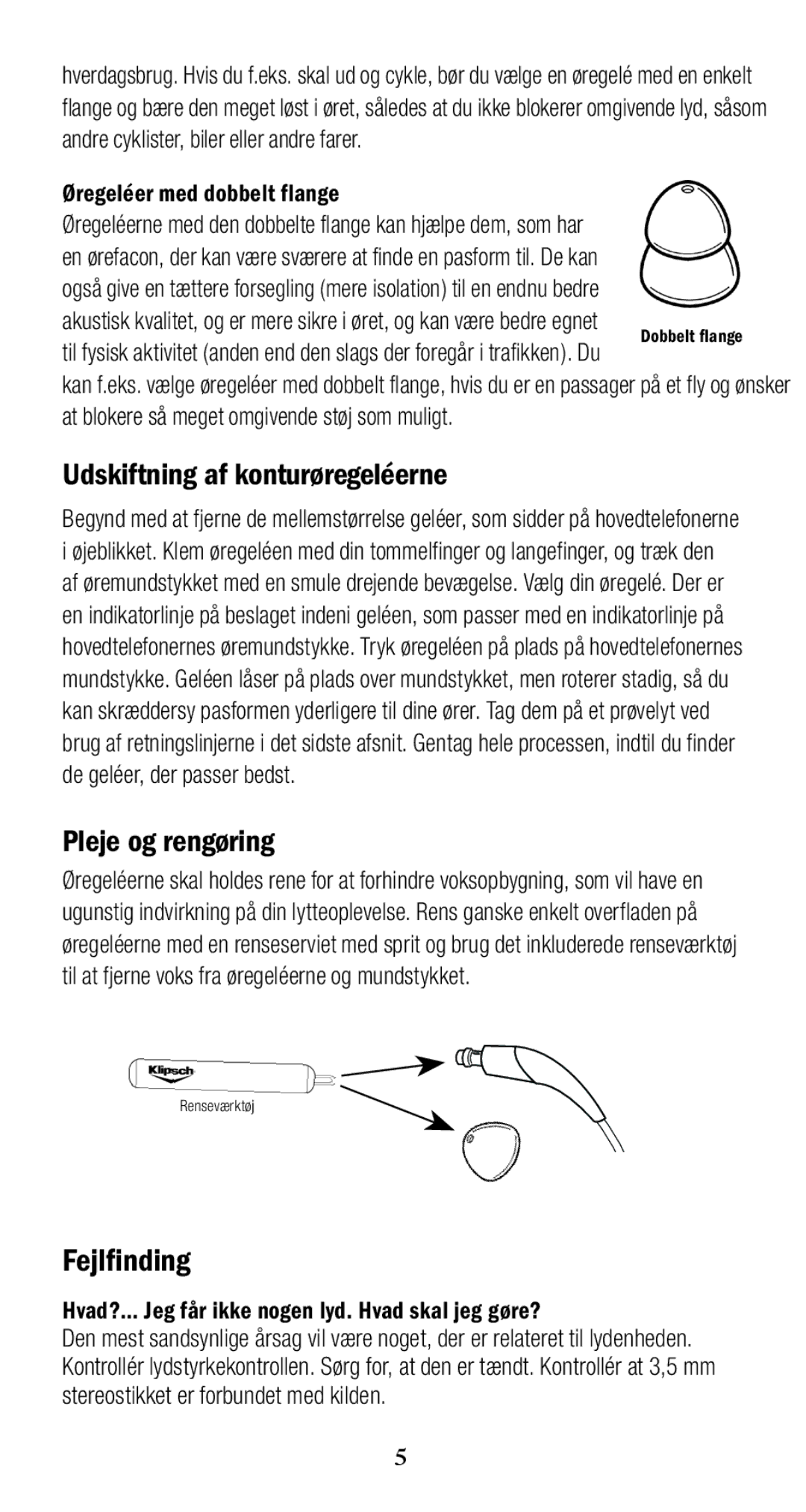 Klipsch 1010950 Udskiftning af konturøregeléerne, Pleje og rengøring, Fejlfinding, Øregeléer med dobbelt flange 