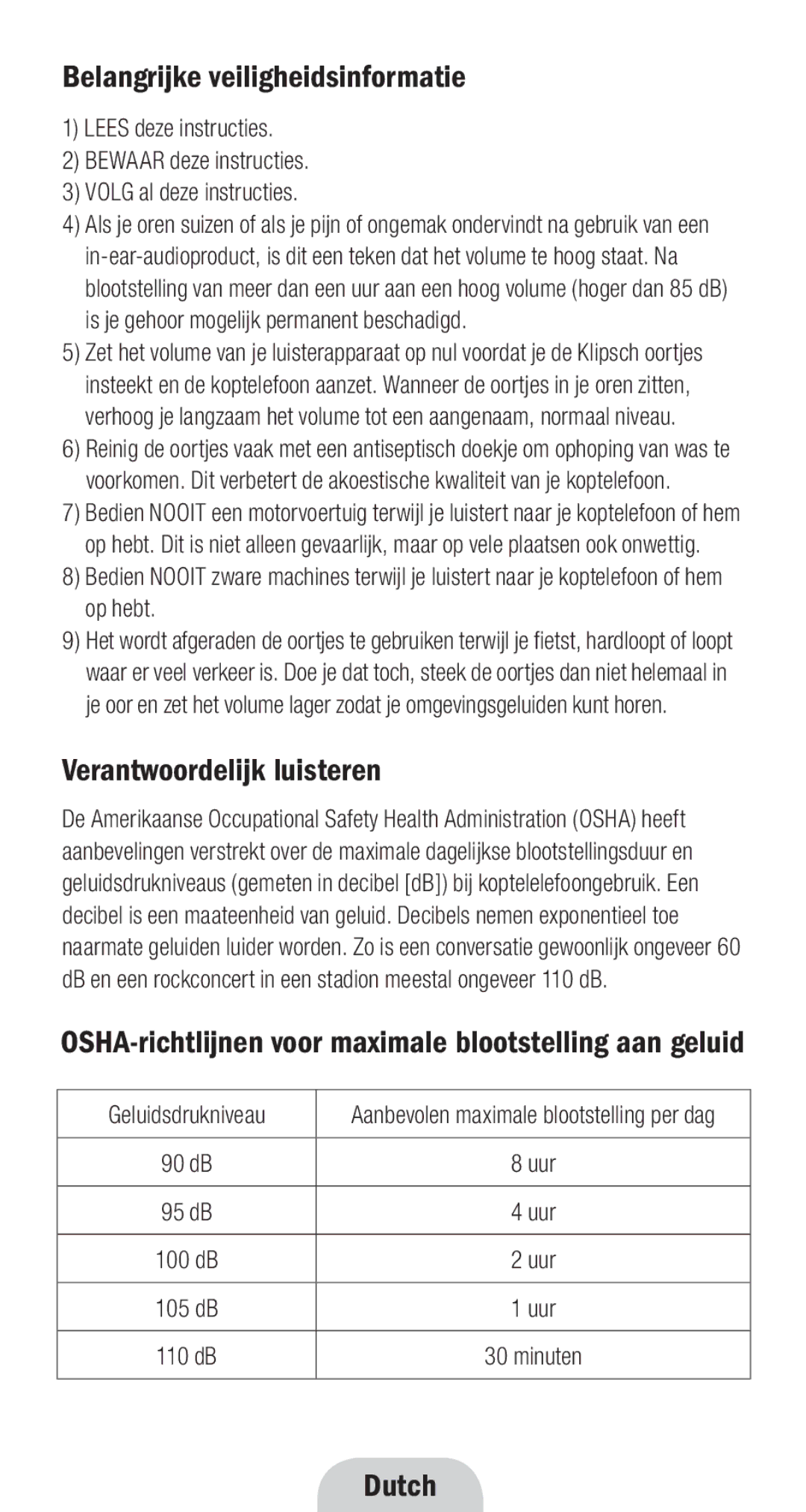 Klipsch 1010950 owner manual Belangrijke veiligheidsinformatie, Verantwoordelijk luisteren, Dutch 