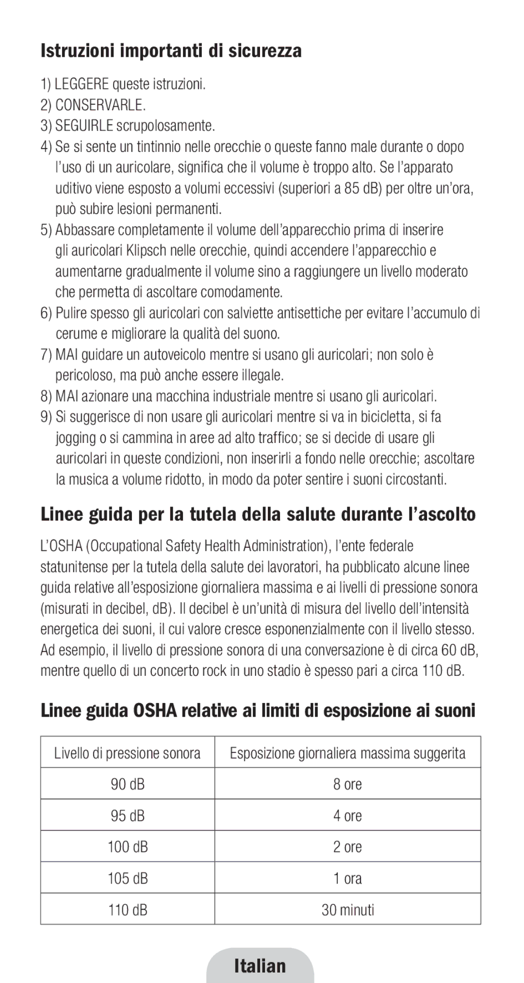 Klipsch 1010950 Istruzioni importanti di sicurezza, Italian, Linee guida per la tutela della salute durante l’ascolto 