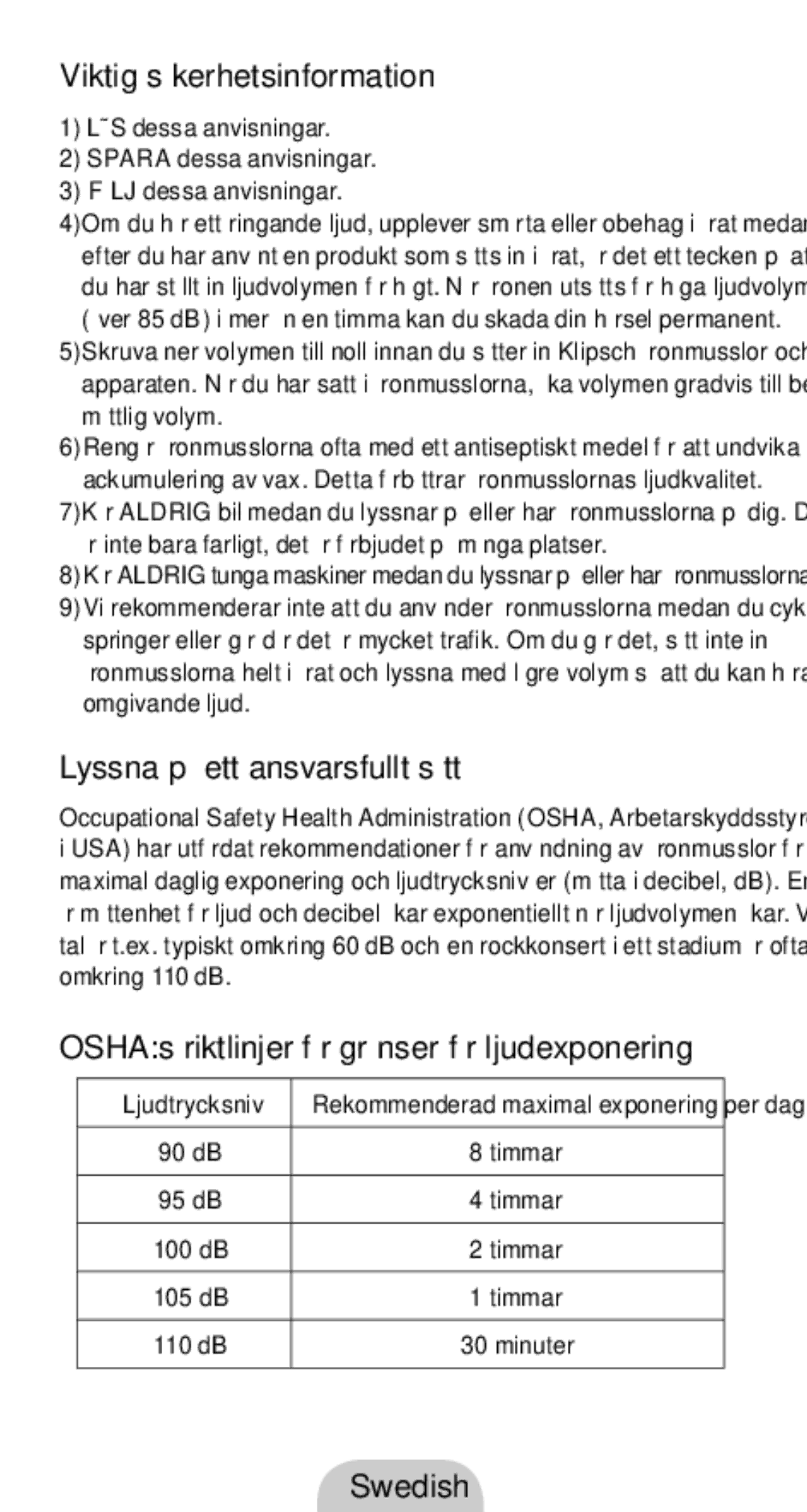 Klipsch 1010950 owner manual Viktig säkerhetsinformation, Lyssna på ett ansvarsfullt sätt, Swedish 