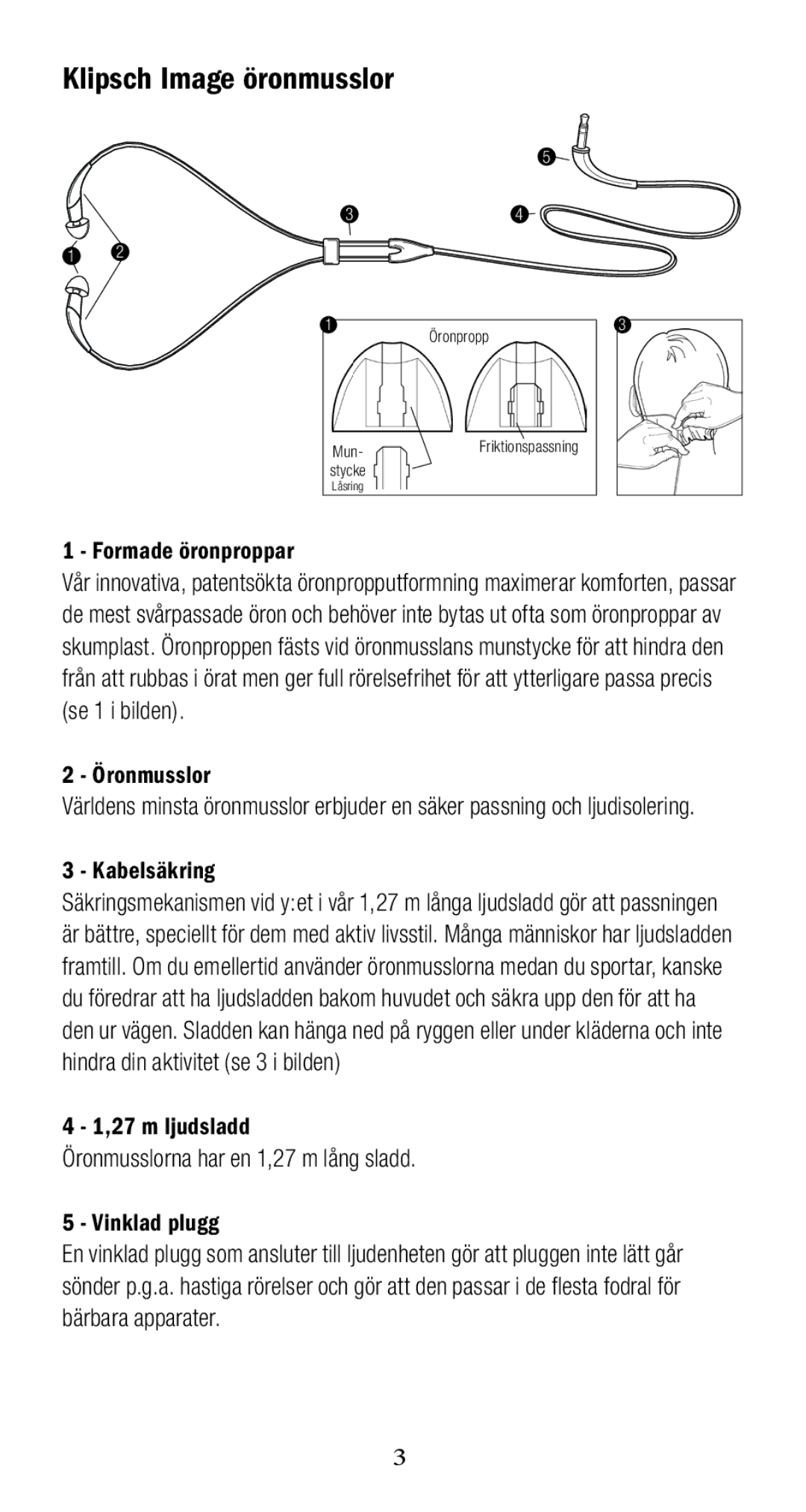 Klipsch 1010950 owner manual Klipsch Image öronmusslor, Formade öronproppar, Öronmusslor, Kabelsäkring 