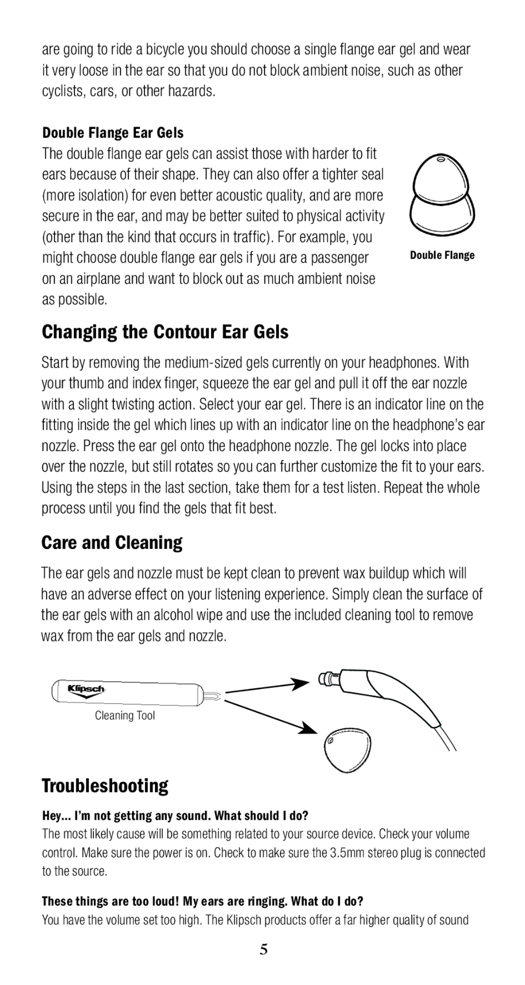 Klipsch 1010950 Changing the Contour Ear Gels, Care and Cleaning, Troubleshooting, Double Flange Ear Gels, As possible 