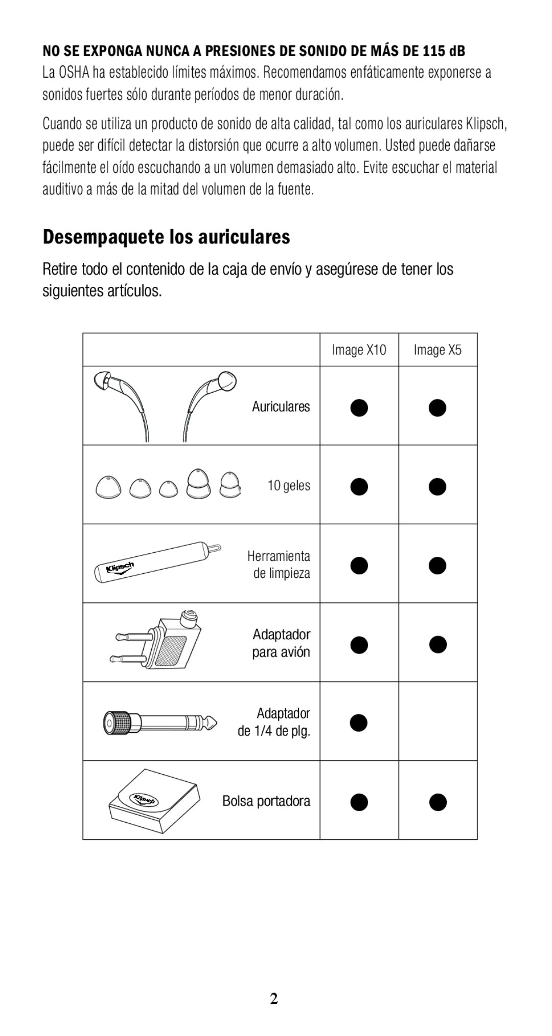 Klipsch 1010950 owner manual Desempaquete los auriculares, geles, Adaptador, Bolsa portadora 