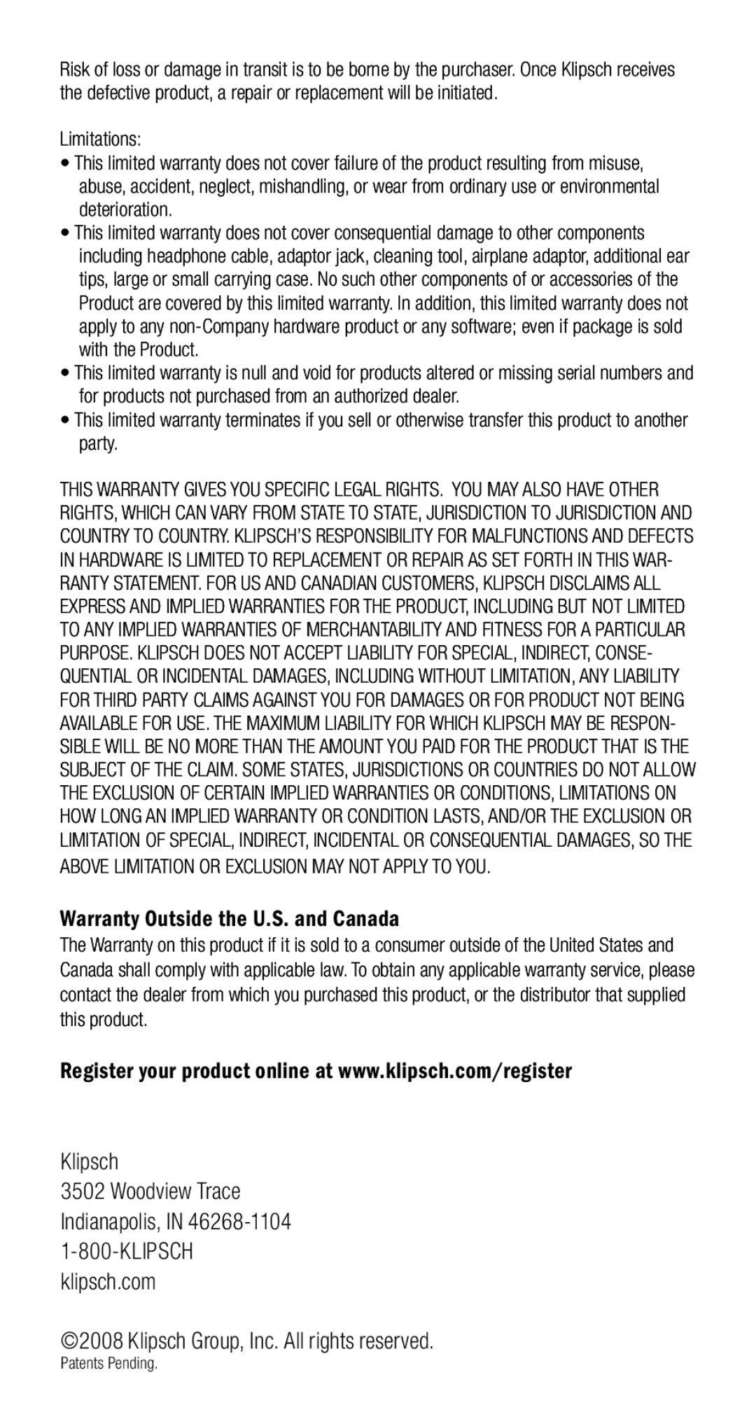 Klipsch 1010950 owner manual Warranty Outside the U.S. and Canada, Klipsch Group, Inc. All rights reserved 