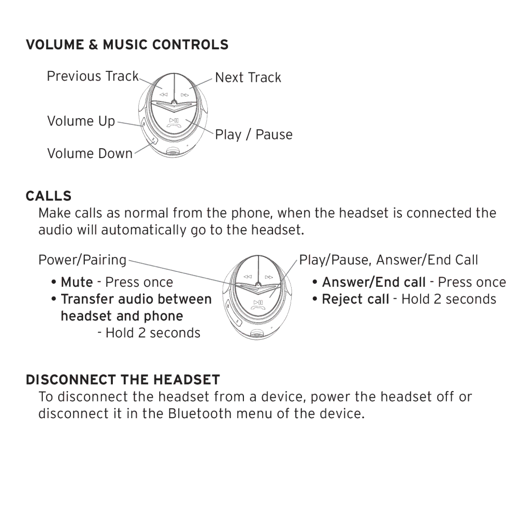 Klipsch 1012313 owner manual Volume & Music Controls, Calls, Disconnect the Headset 