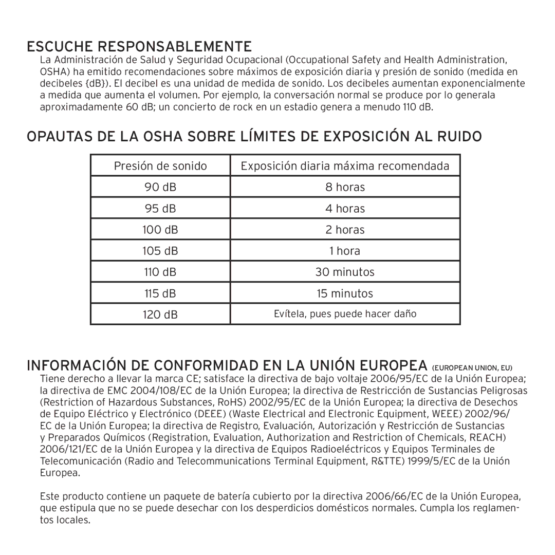 Klipsch 1012313 owner manual Escuche Responsablemente, Opautas DE LA Osha Sobre Límites DE Exposición AL Ruido 