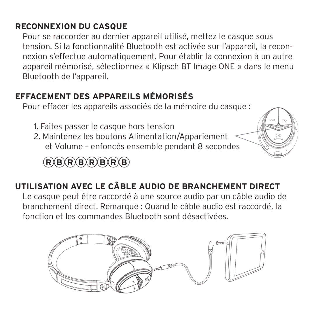 Klipsch 1012313 owner manual Reconnexion DU Casque, Effacement DES Appareils Mémorisés 