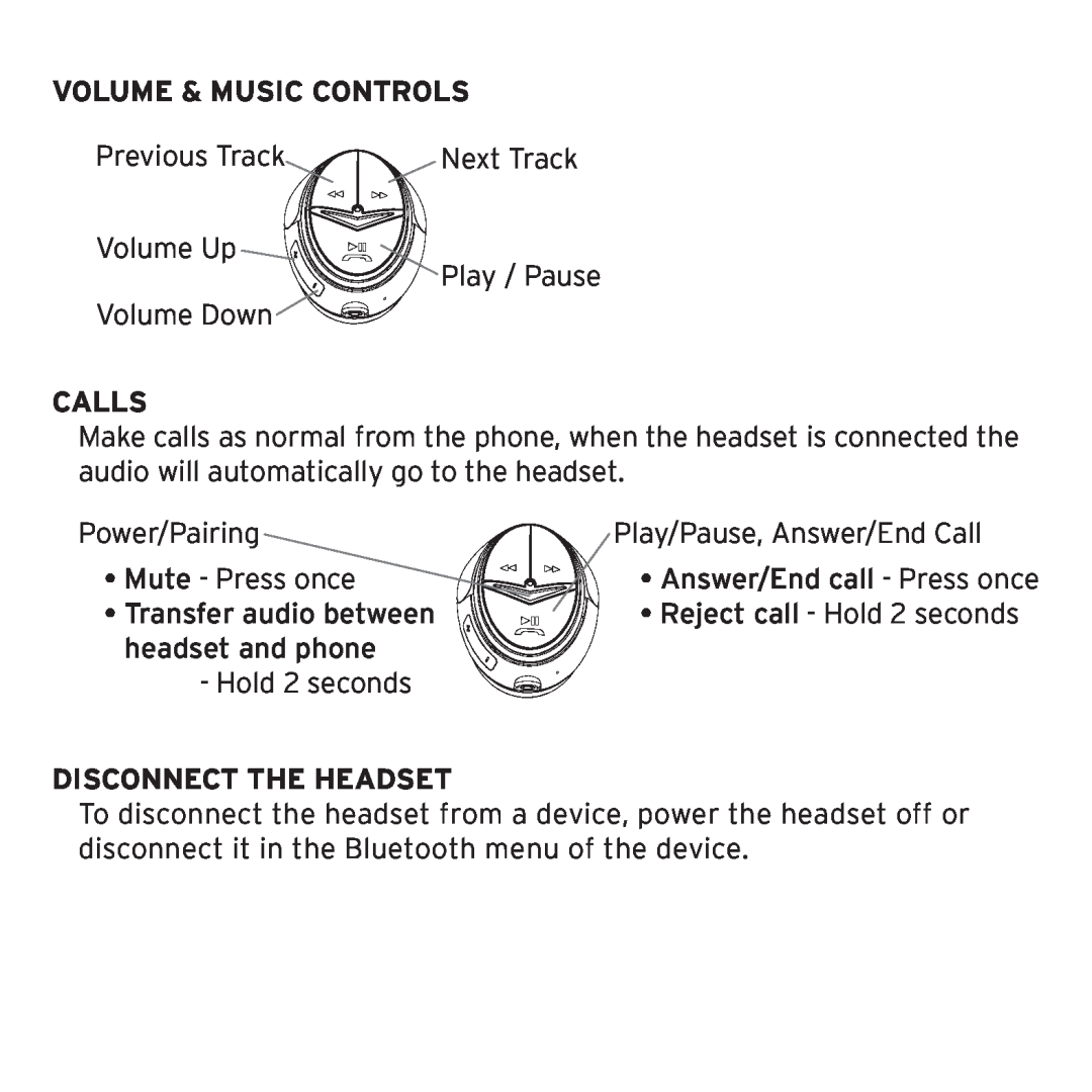 Klipsch 1012313 owner manual Volume & Music Controls, Calls, Disconnect the Headset 