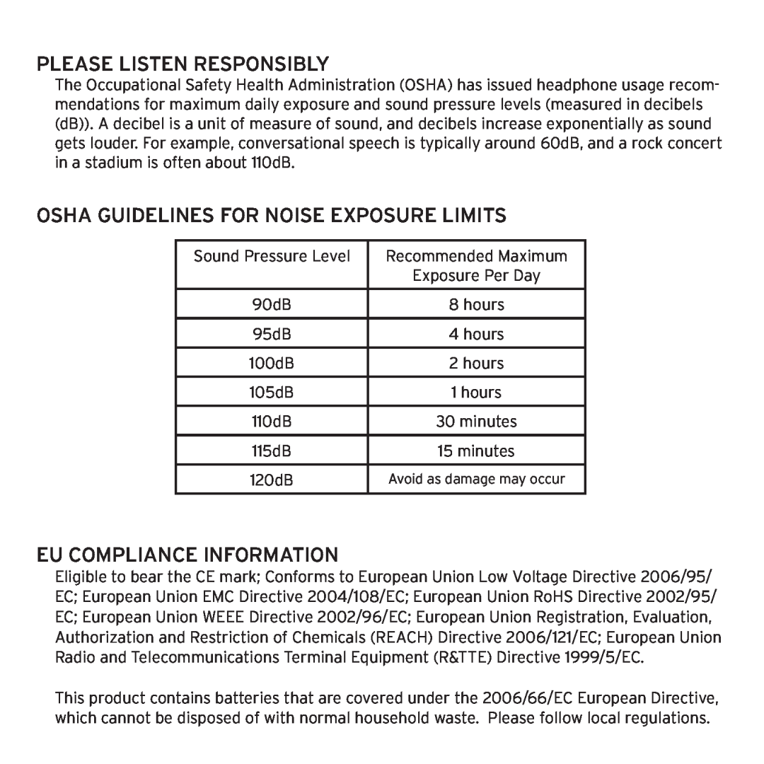 Klipsch 1012313 Please Listen Responsibly, OSHA Guidelines for Noise Exposure Limits, Eu Compliance Information 