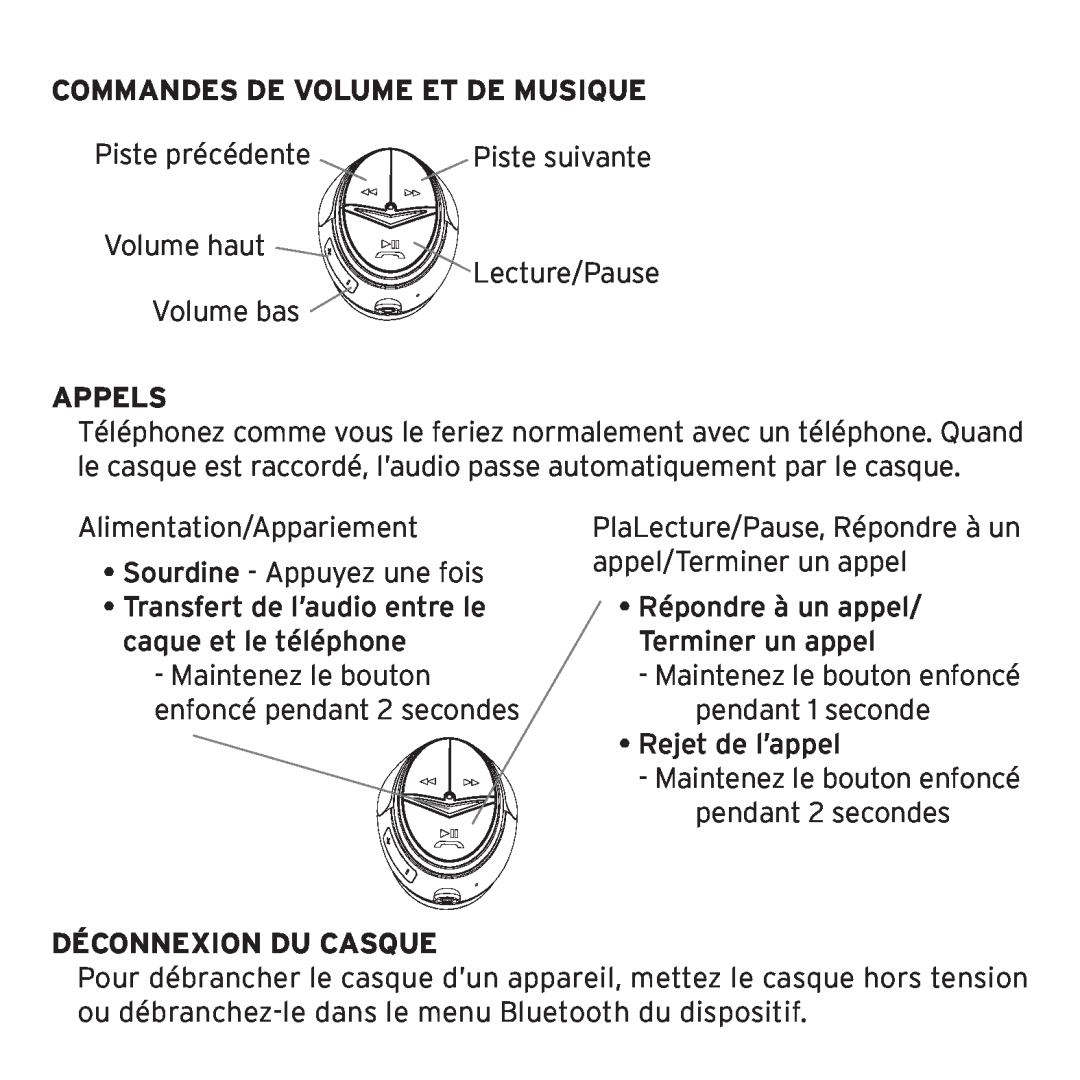 Klipsch 1012313 owner manual Commandes De Volume Et De Musique, Appels, Déconnexion Du Casque 