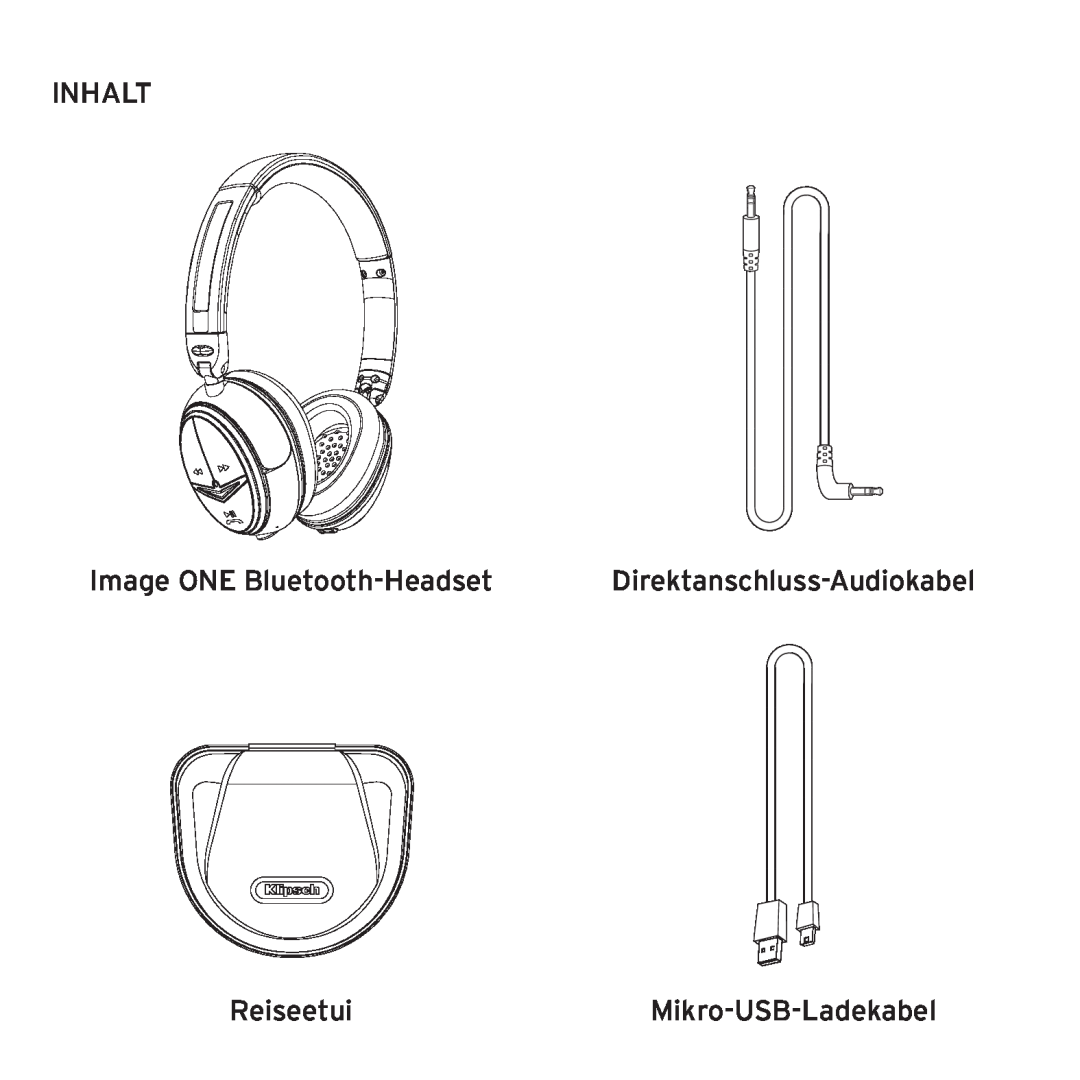 Klipsch 1012313 owner manual Inhalt, Image ONE Bluetooth-Headset, Direktanschluss-Audiokabel, ReiseetuiMikro-USB-Ladekabel 