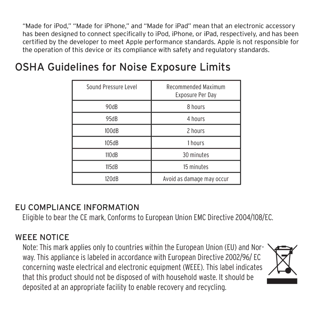 Klipsch 1013078 owner manual Osha Guidelines for Noise Exposure Limits, Recommended Maximum 