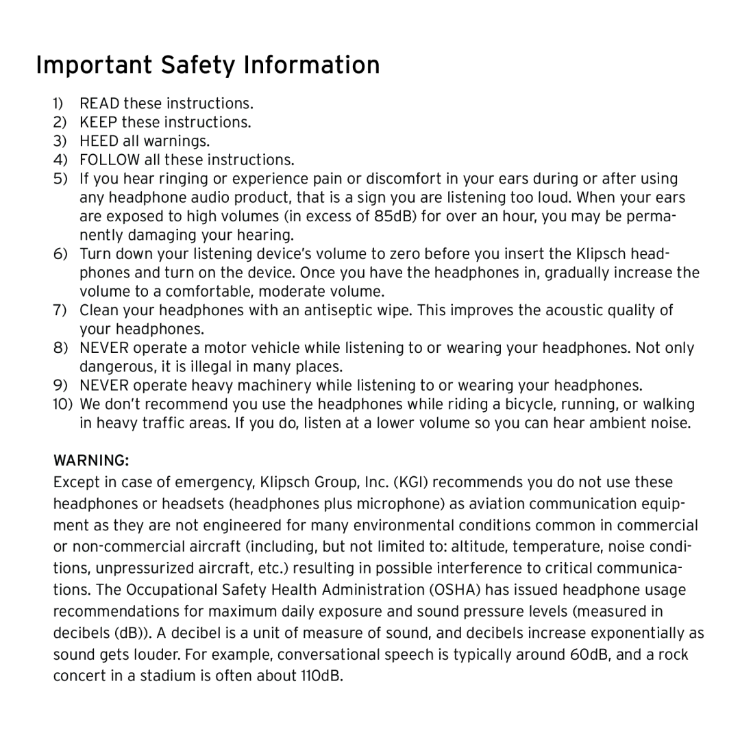 Klipsch 1013078 owner manual Important Safety Information 