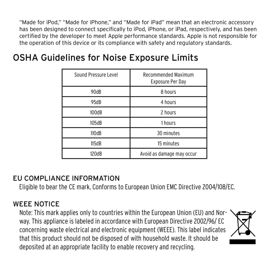 Klipsch 1013078 owner manual OSHA Guidelines for Noise Exposure Limits, Eu Compliance Information, Weee Notice 