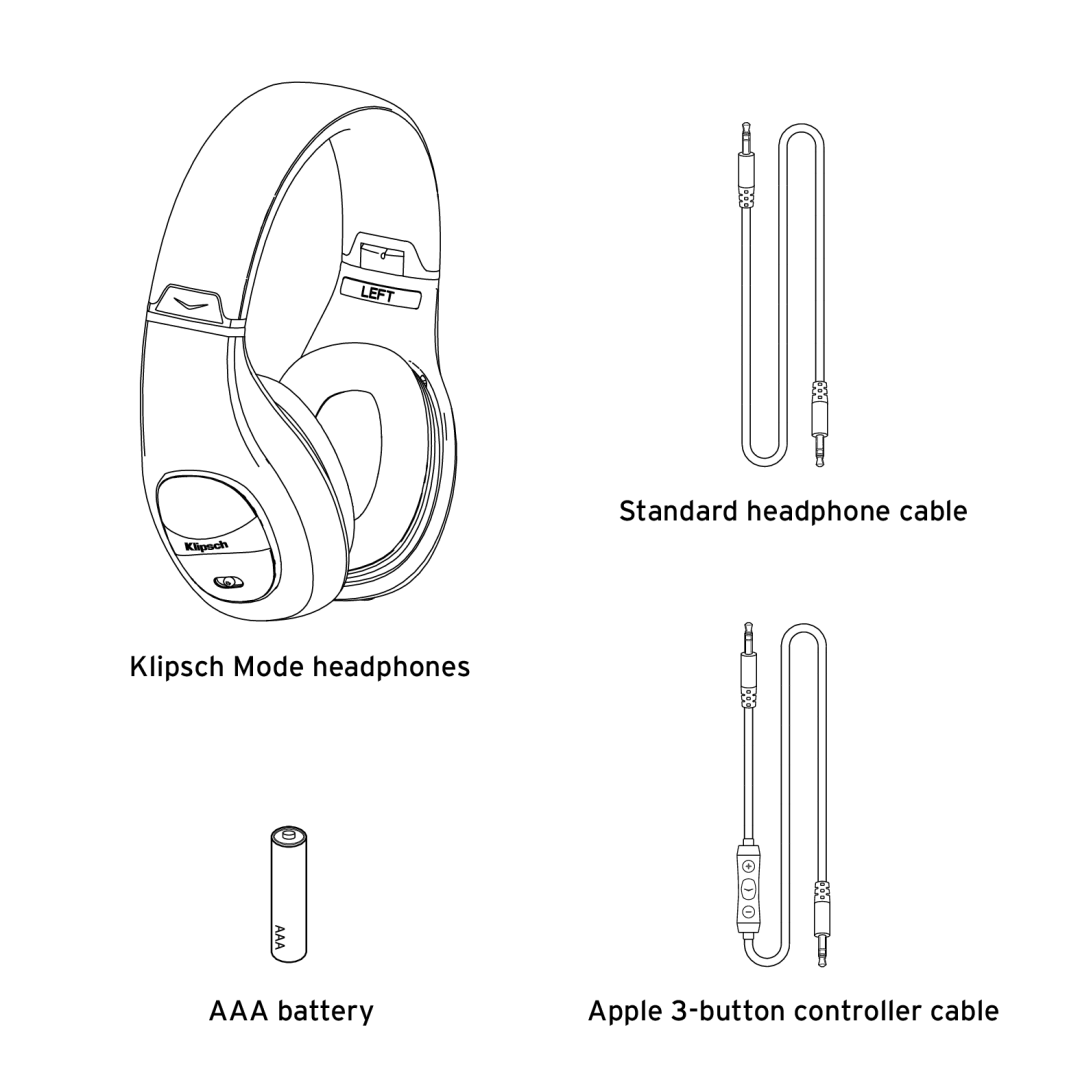 Klipsch 1013078 owner manual Standard headphone cable Klipsch Mode headphones, AAA battery, Apple 3-buttoncontroller cable 
