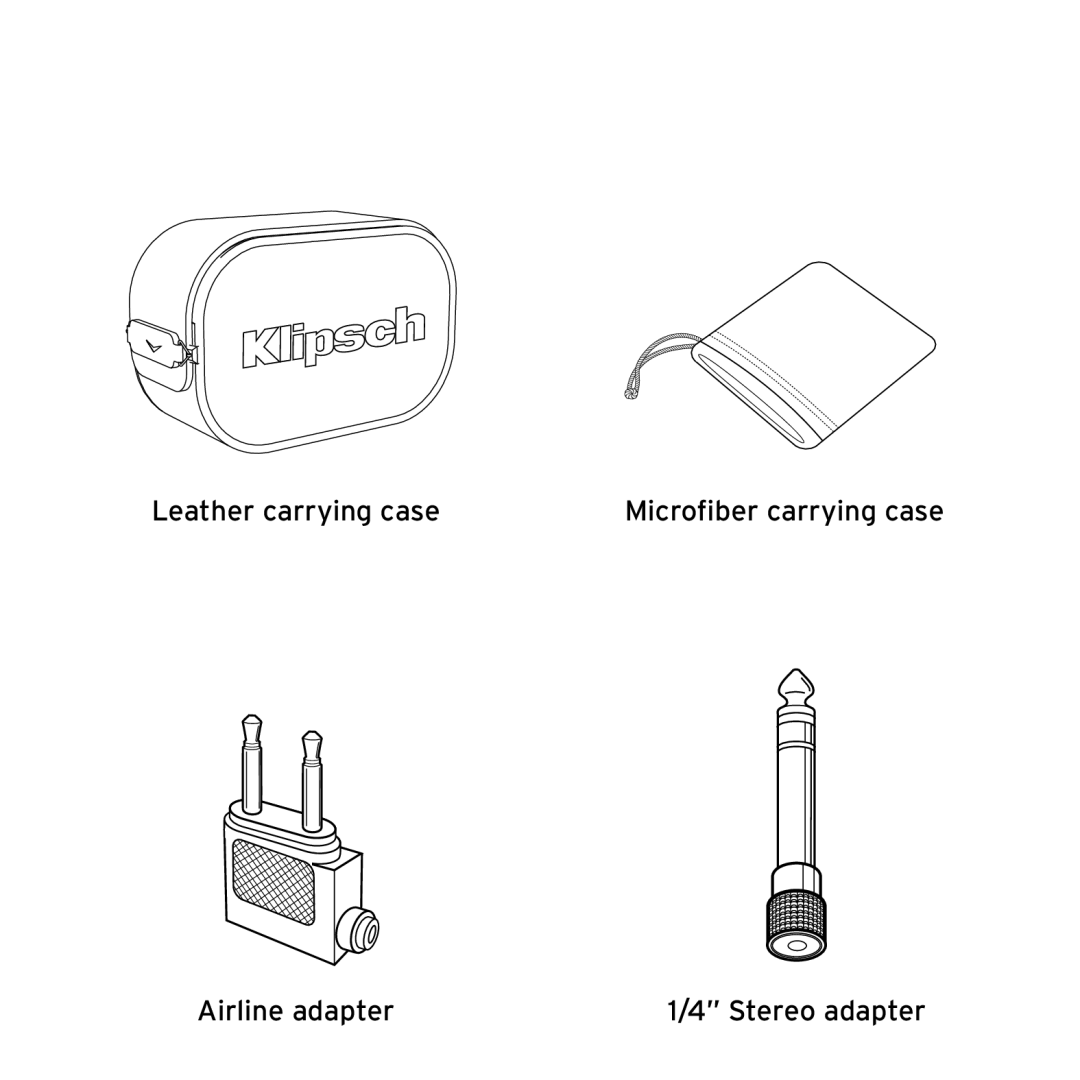 Klipsch 1013078 owner manual Leather carrying case, Microfiber carrying case, Airline adapter, 1/4” Stereo adapter 