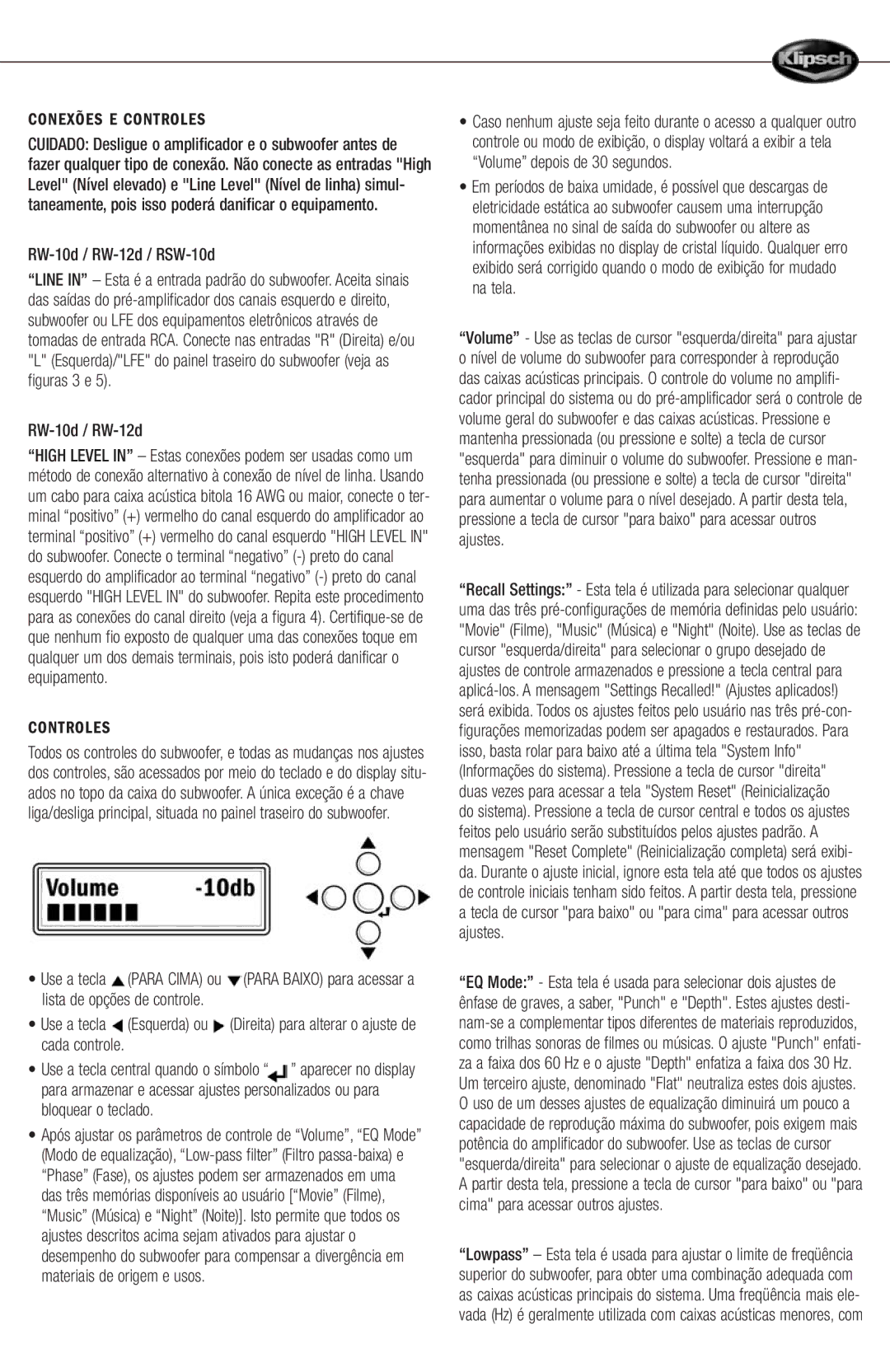 Klipsch 12d manual Conexões E Controles 