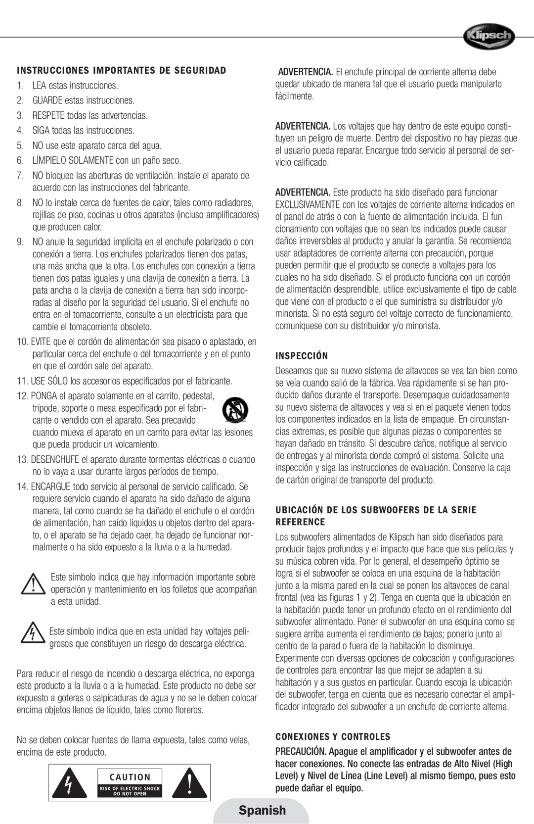 Klipsch 12d manual Instrucciones Importantes DE Seguridad, Inspección, Ubicación DE LOS Subwoofers DE LA Serie Reference 