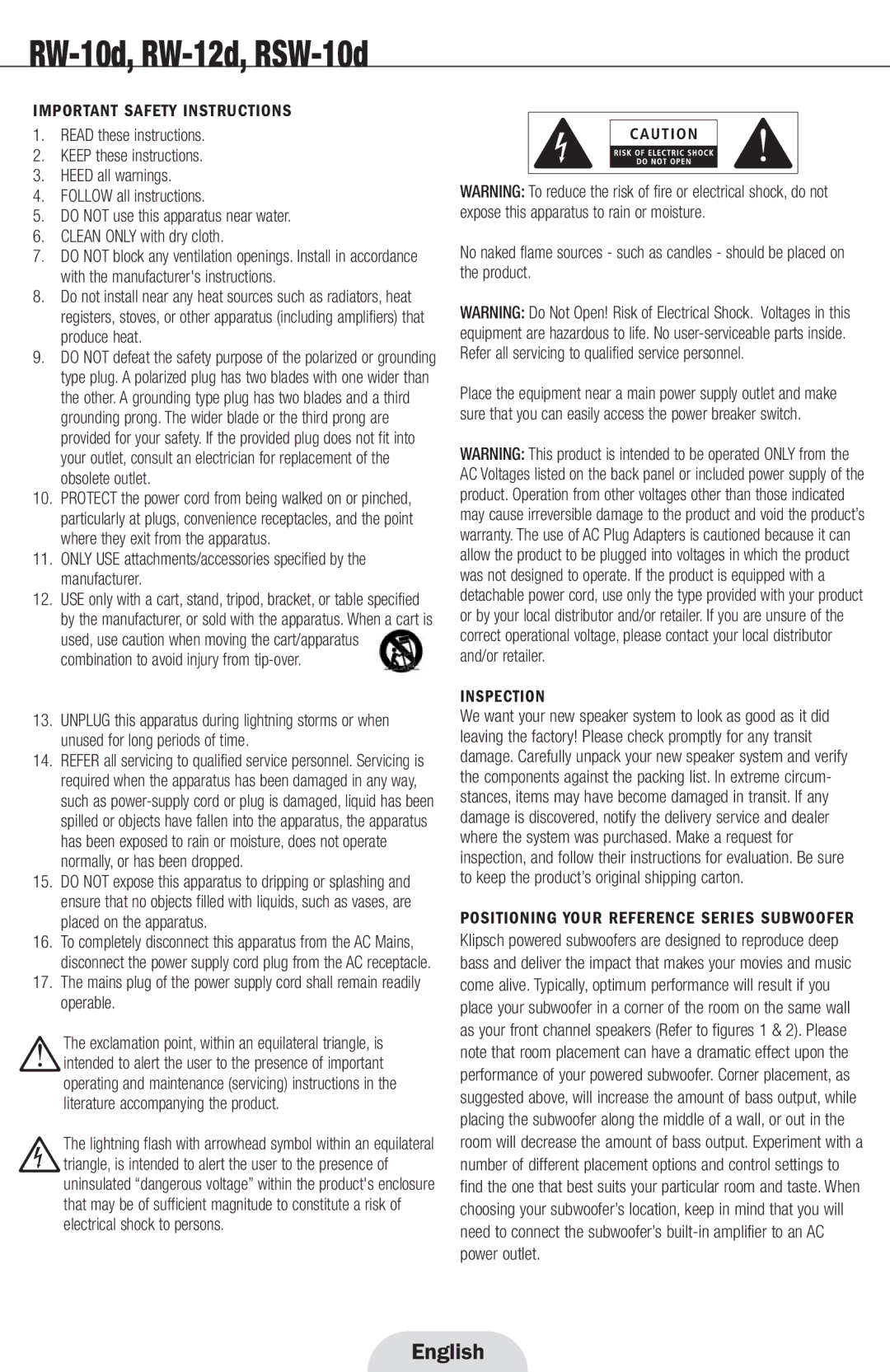 Klipsch 12d manual Important Safety Instructions, Inspection 