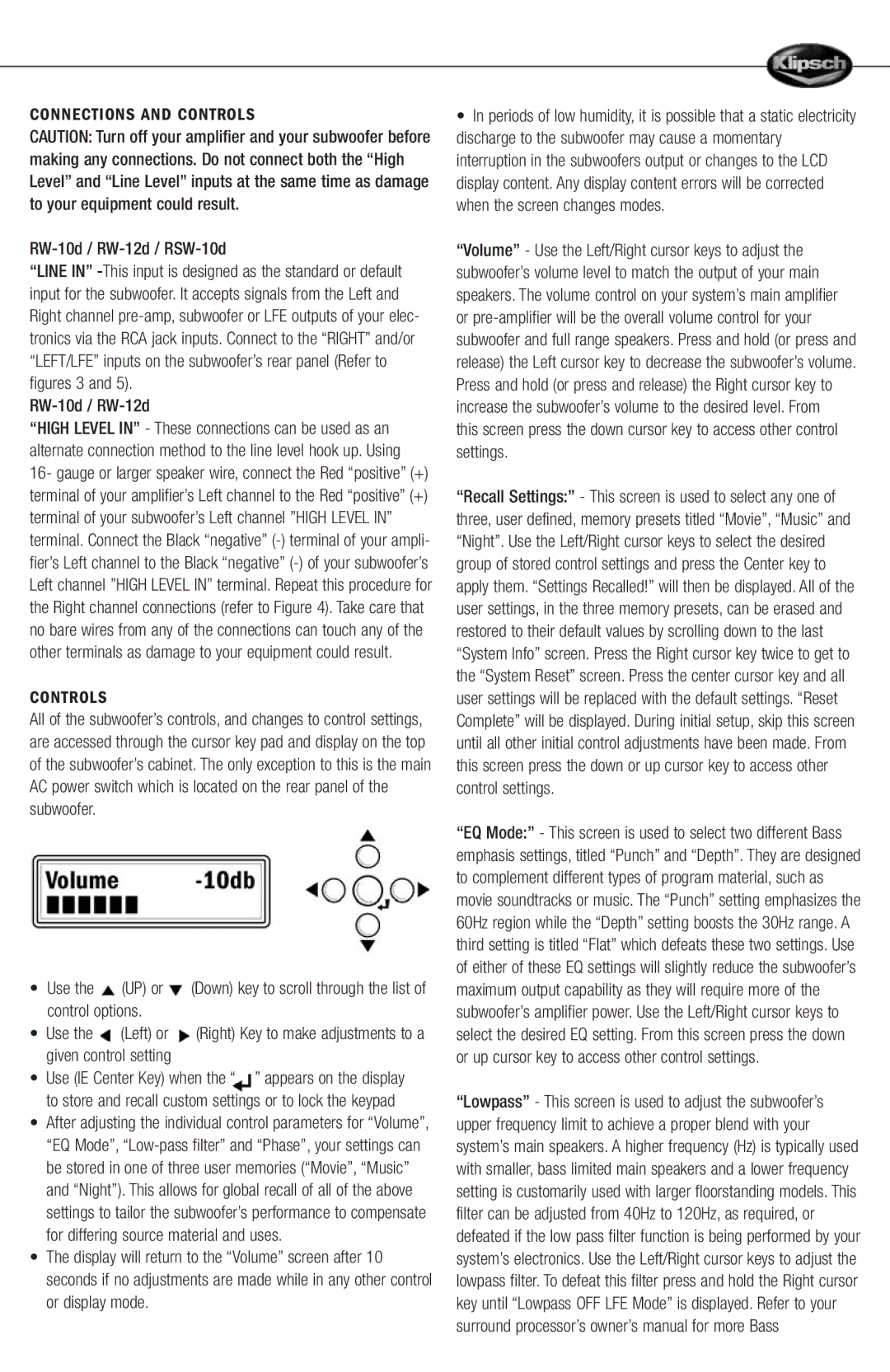 Klipsch 12d manual Connections and Controls 