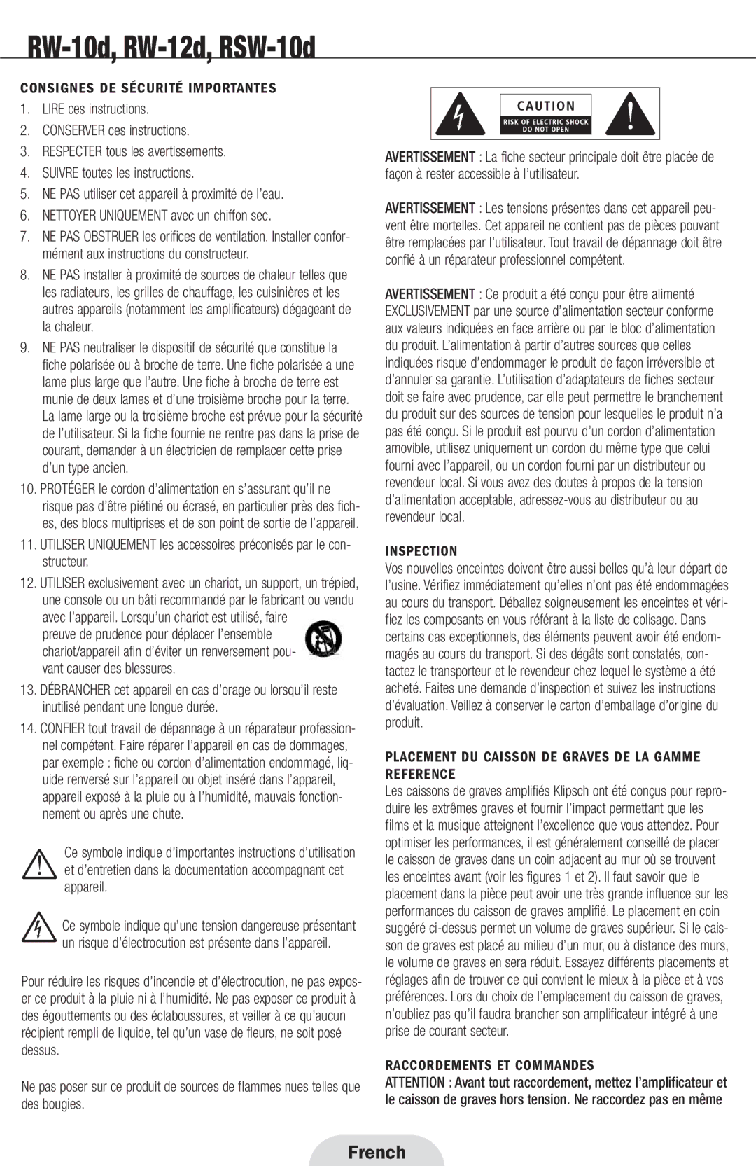 Klipsch 12d manual Consignes DE Sécurité Importantes, Placement DU Caisson DE Graves DE LA Gamme Reference 