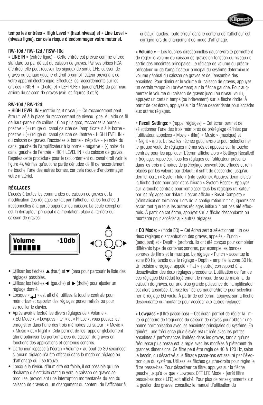 Klipsch 12d manual Réglages 