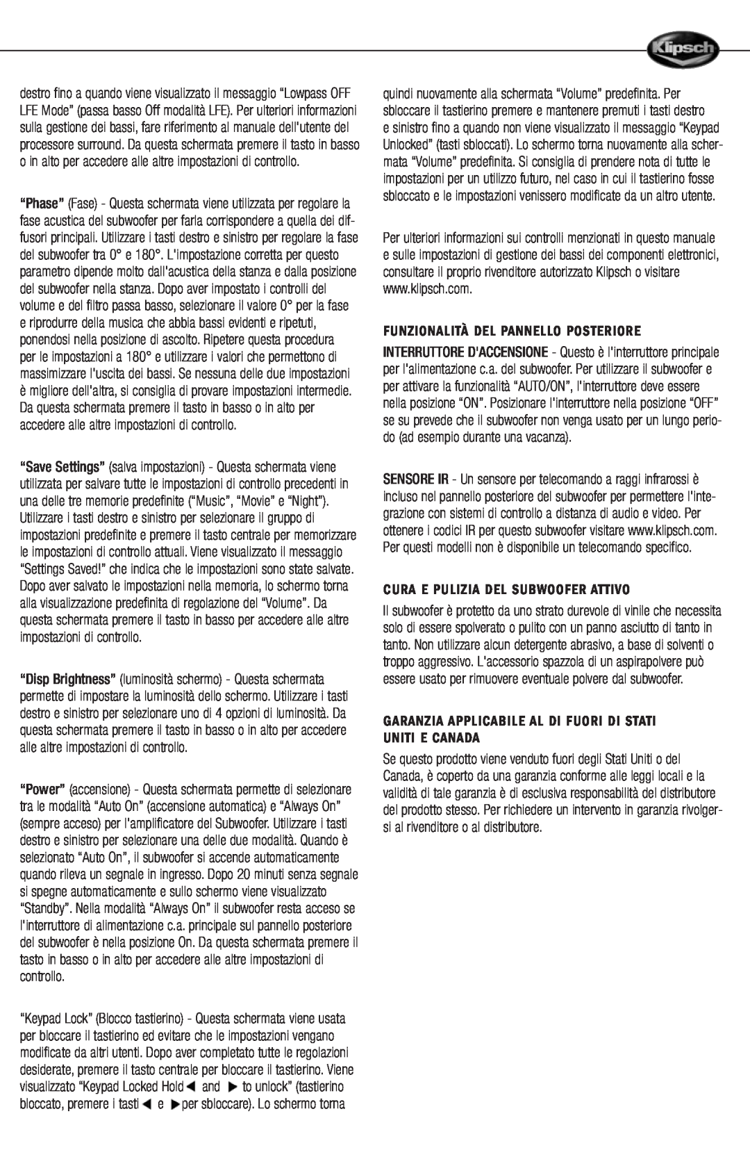 Klipsch 12d manual Funzionalità Del Pannello Posteriore, Cura E Pulizia Del Subwoofer Attivo 