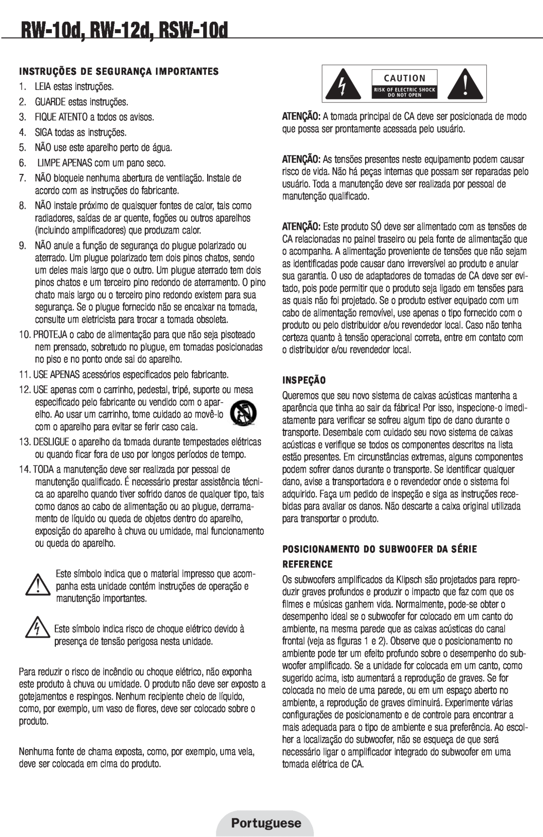 Klipsch 12d Portuguese, Instruções De Segurança Importantes, LEIA estas instruções 2.GUARDE estas instruções, Inspeção 